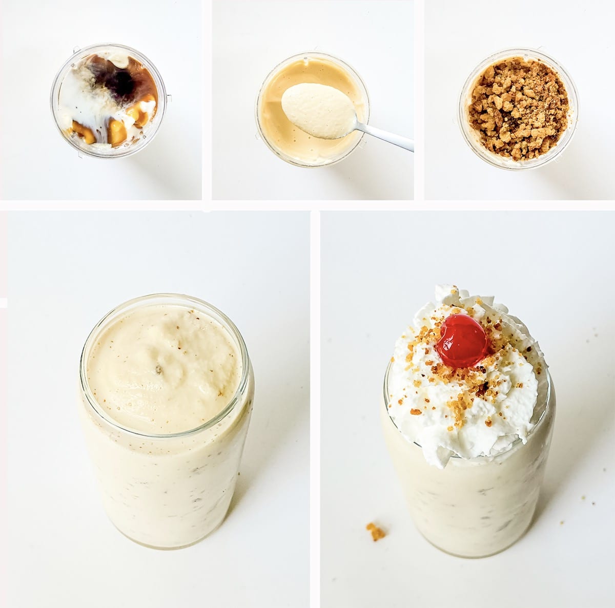 step by step collage of images showing how to assemble caramel milkshake