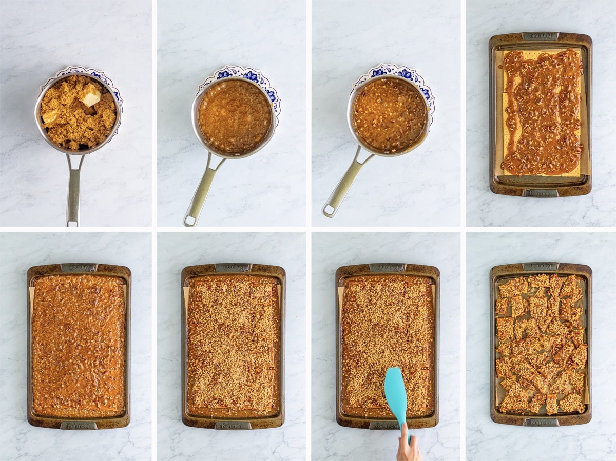 step by step collage of images showing how to make graham cracker toffee