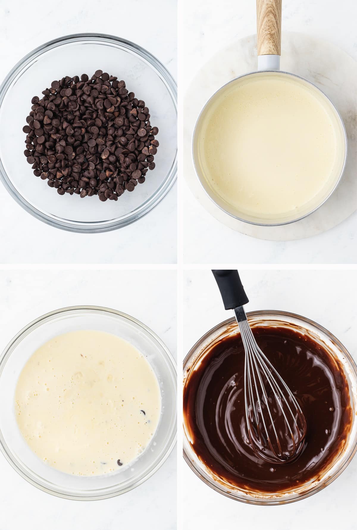 step by step collage of images showing how to make the ganache for chocolate caramel cake