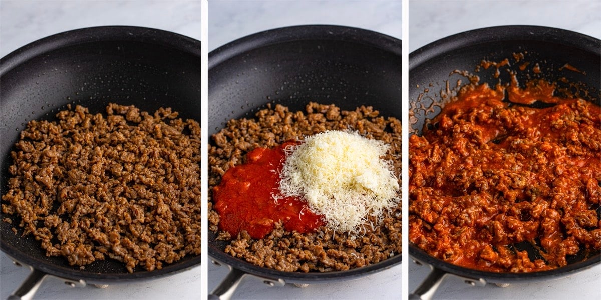 step by step collage of images showing how to make the sauce for pizza sliders