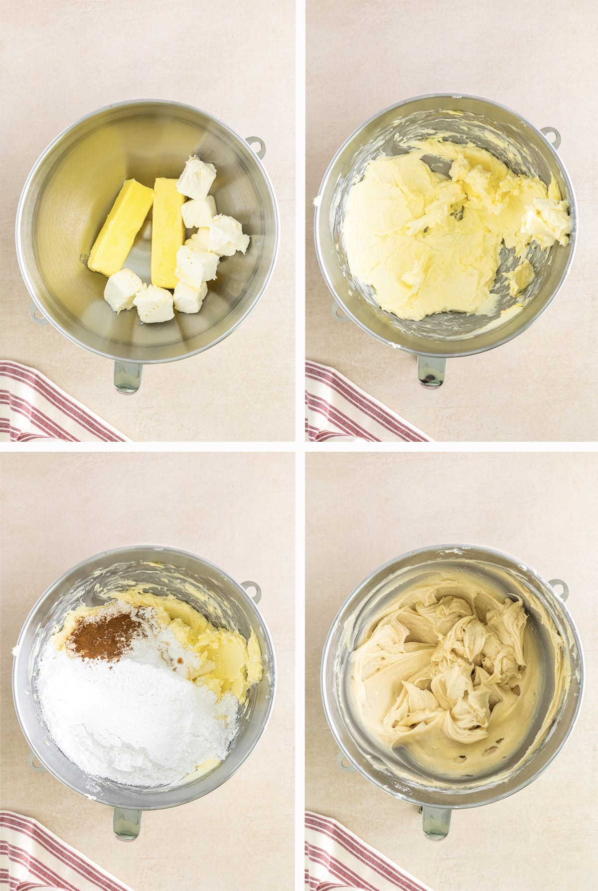step by step collage of images showing how to make cinnamon cream cheese frosting