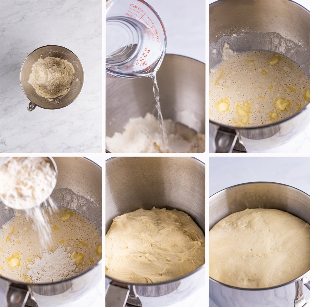step by step images showing how to make the dough for white bread recipe
