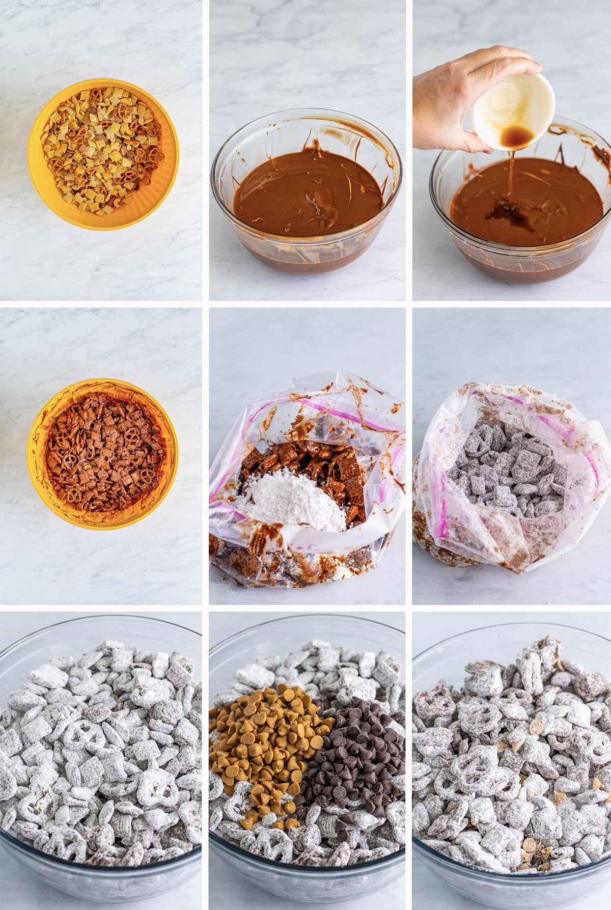 step by step collage of images showing how to make a recipe for sweet chex mix