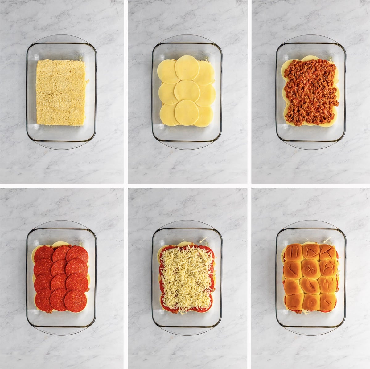 step by step collage of images showing how to assemble pizza sliders