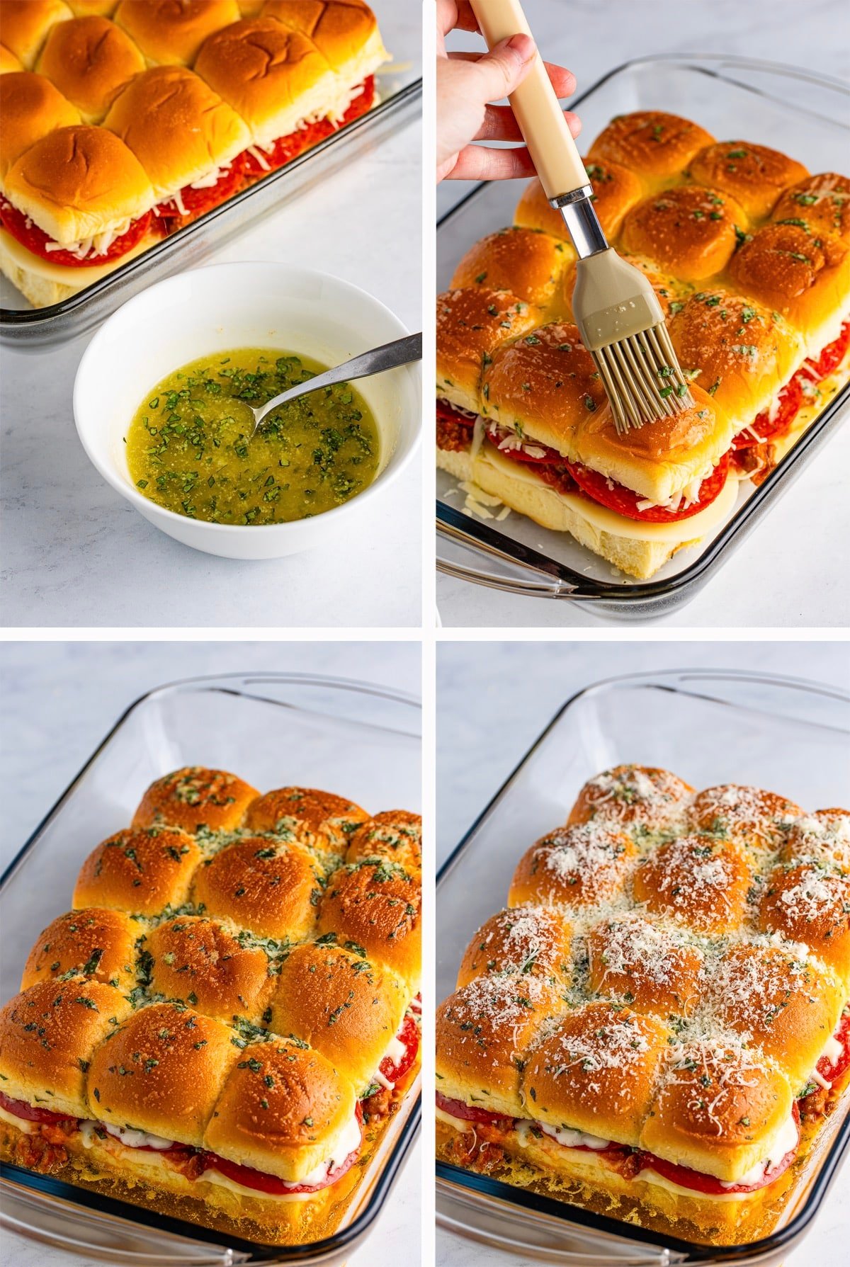 step by step collage of images showing how to cook pizza sliders