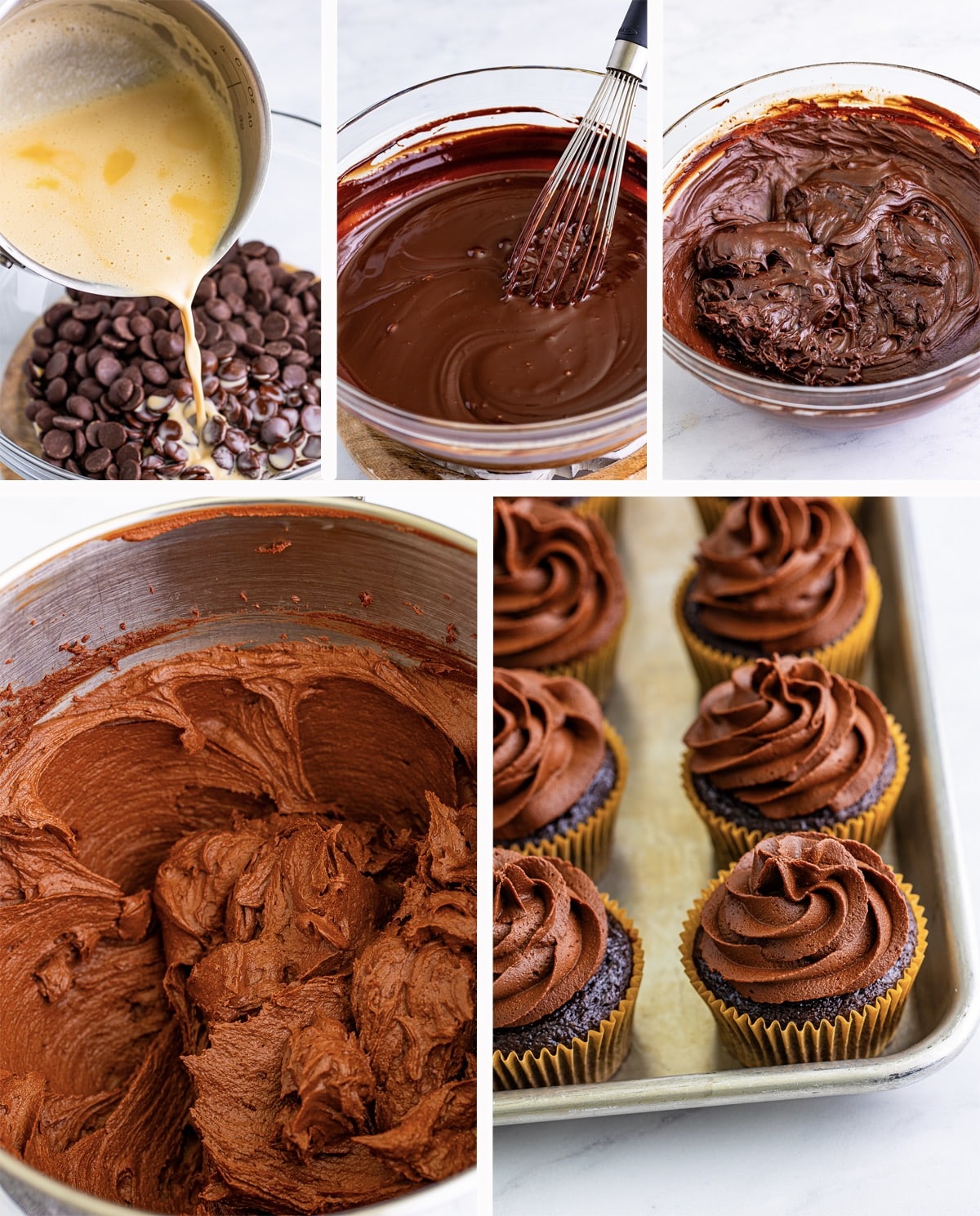 step by step collage of images showing how to make the frosting for baileys cupcakes
