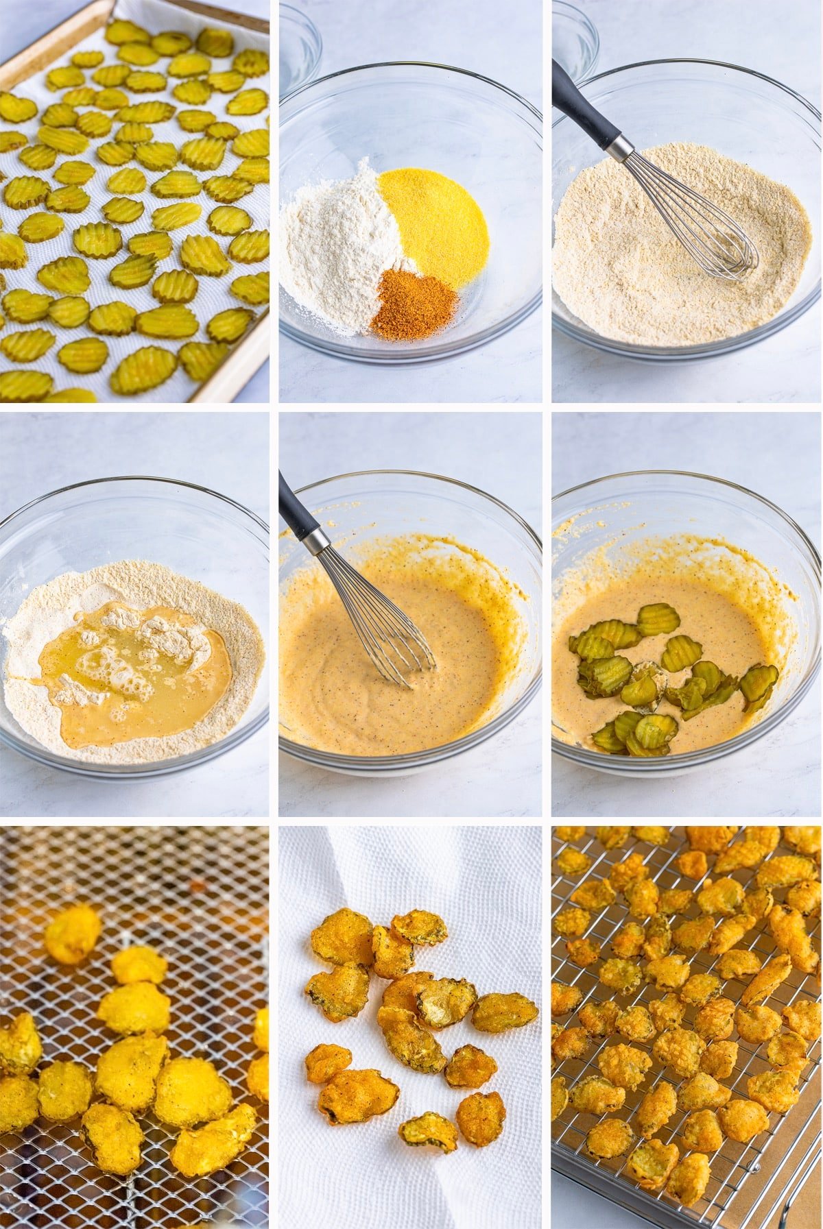 collage of images showing how to make deep fried pickles recipe