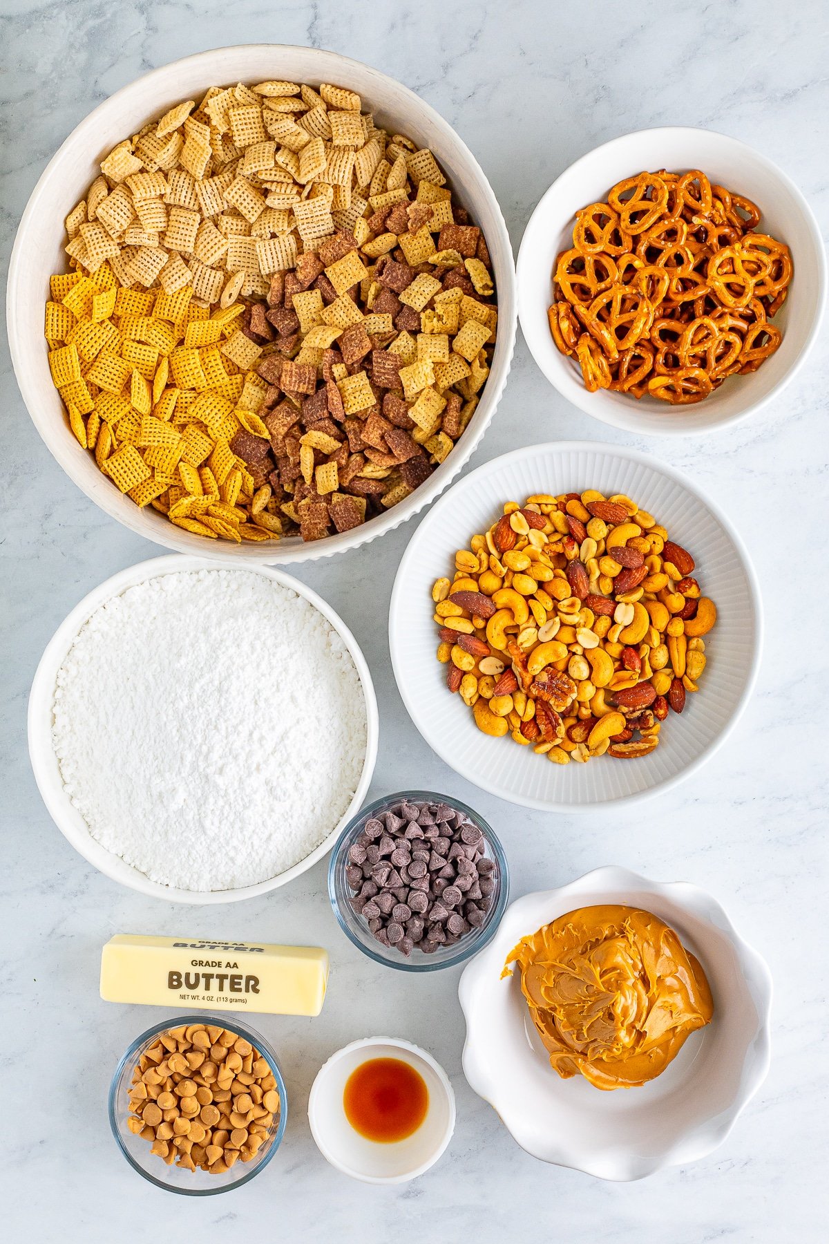 ingredients needed to make a recipe for sweet chex mix