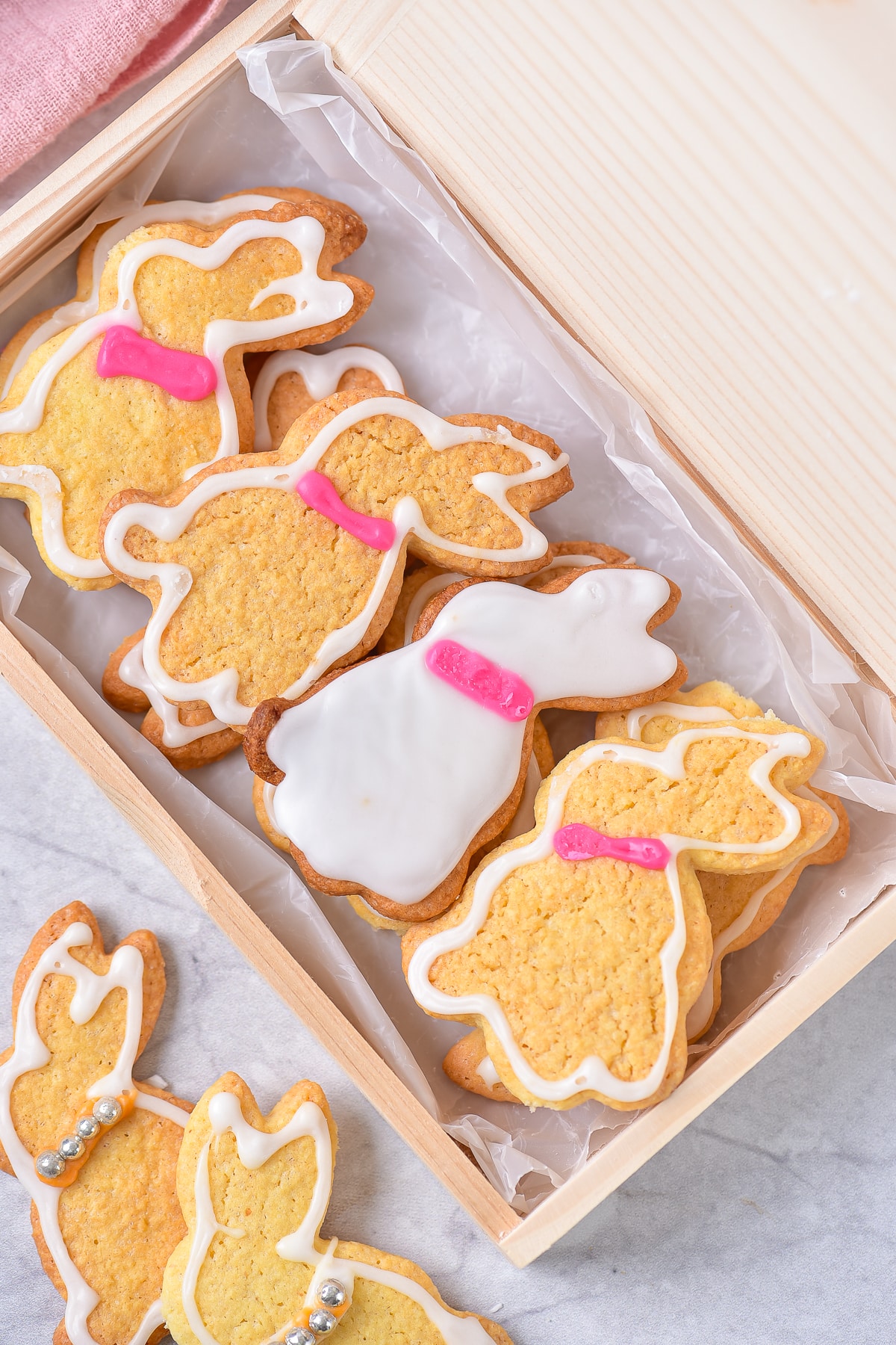 bunny cookies in a wooden box