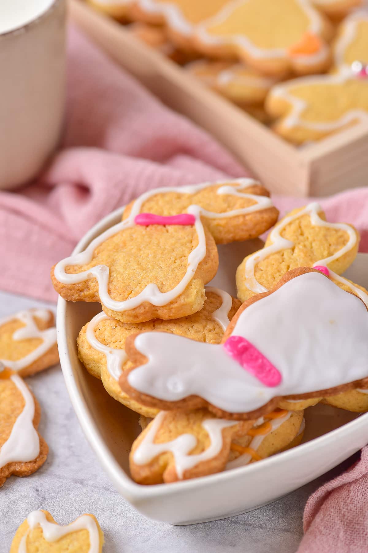 bunny cookies in a heart shaped bowl