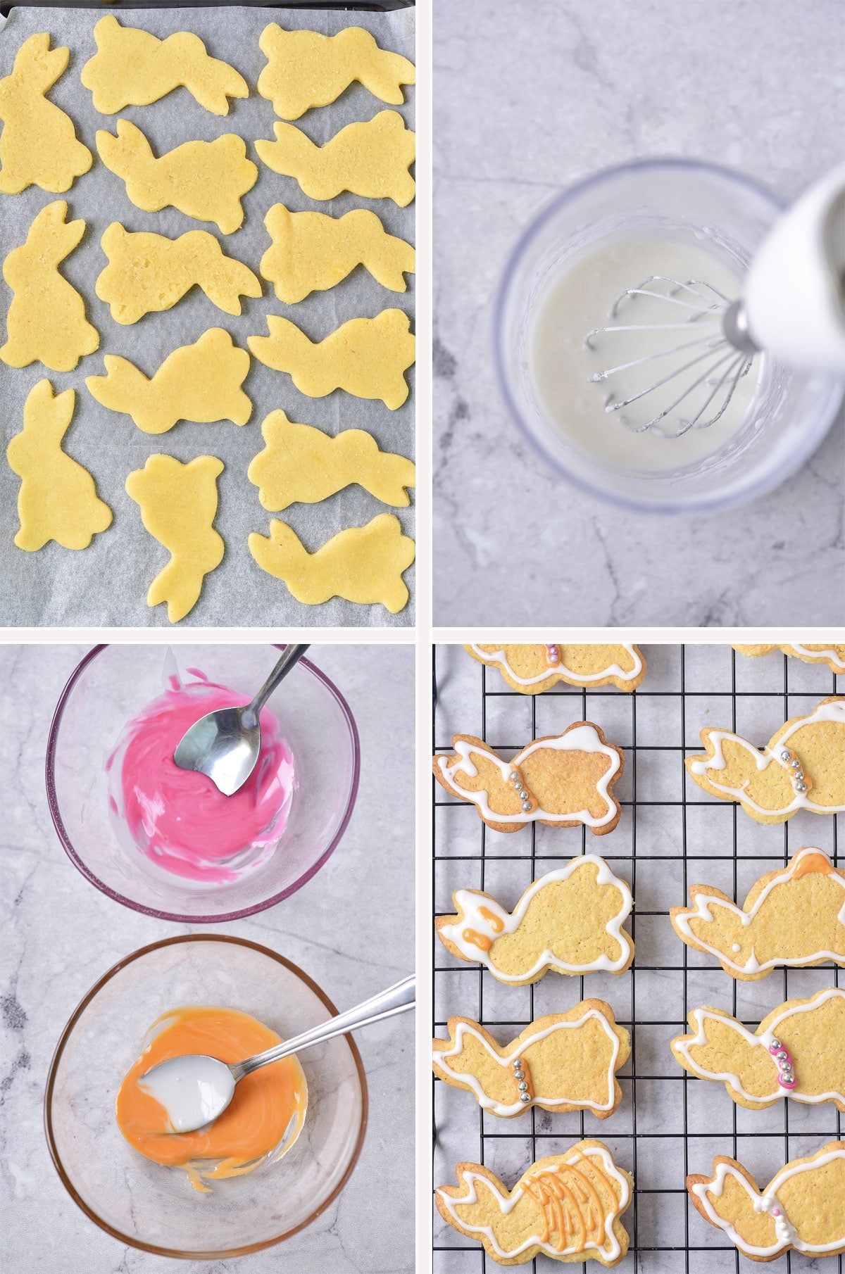 collage of images showing how to decorate bunny cookies