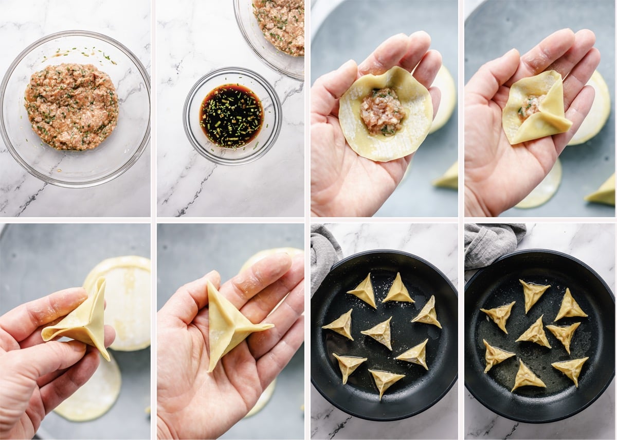 collage of images showing how to make pork and chive dumplings