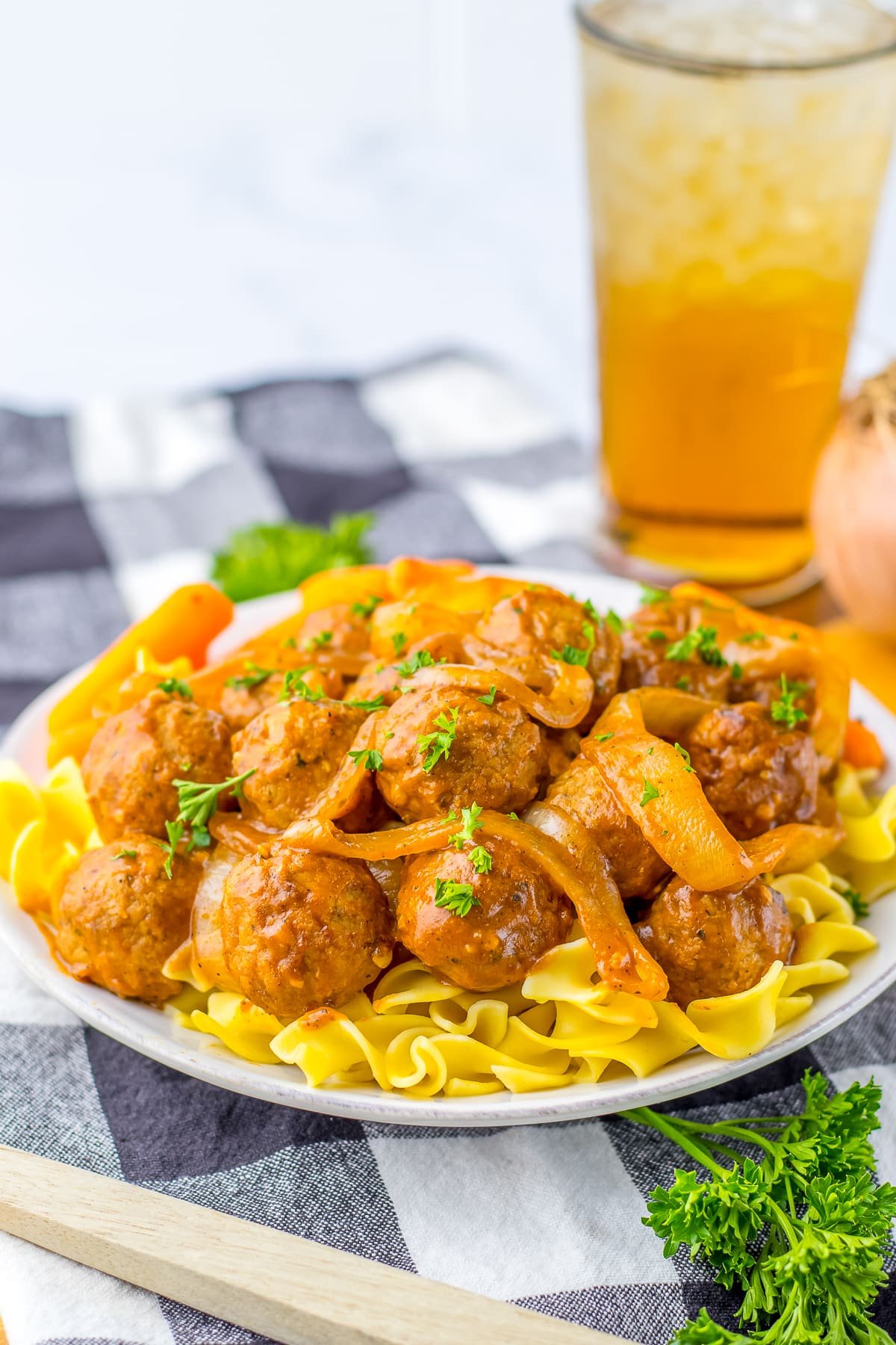 french onion meatballs over noodles