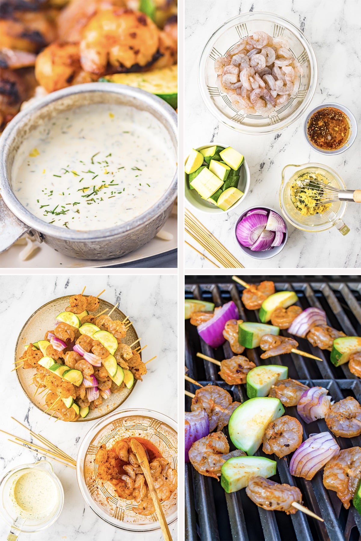 collage of images showing how to make grilled shrimp skewers