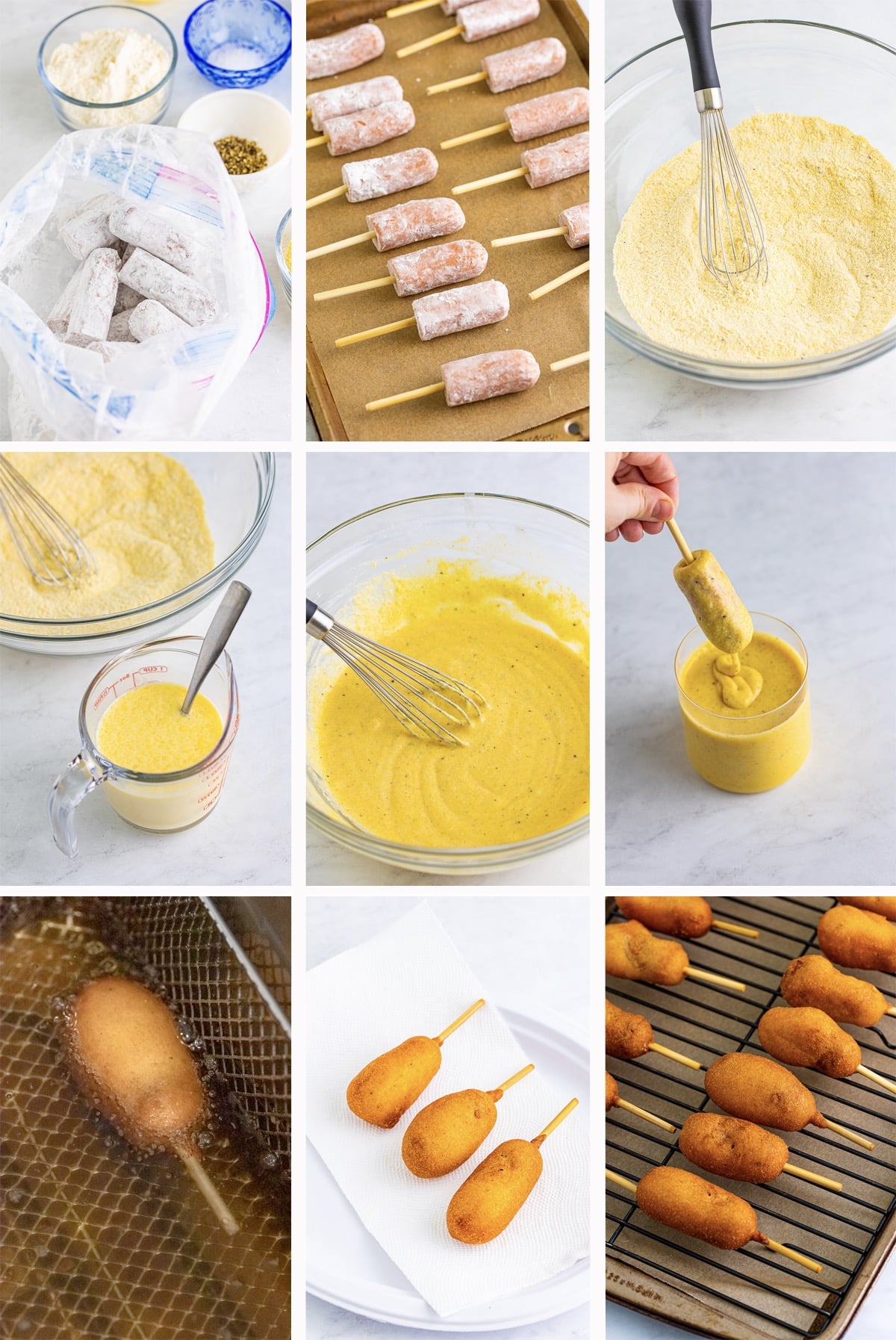 collage of images showing how to make mini corn dogs