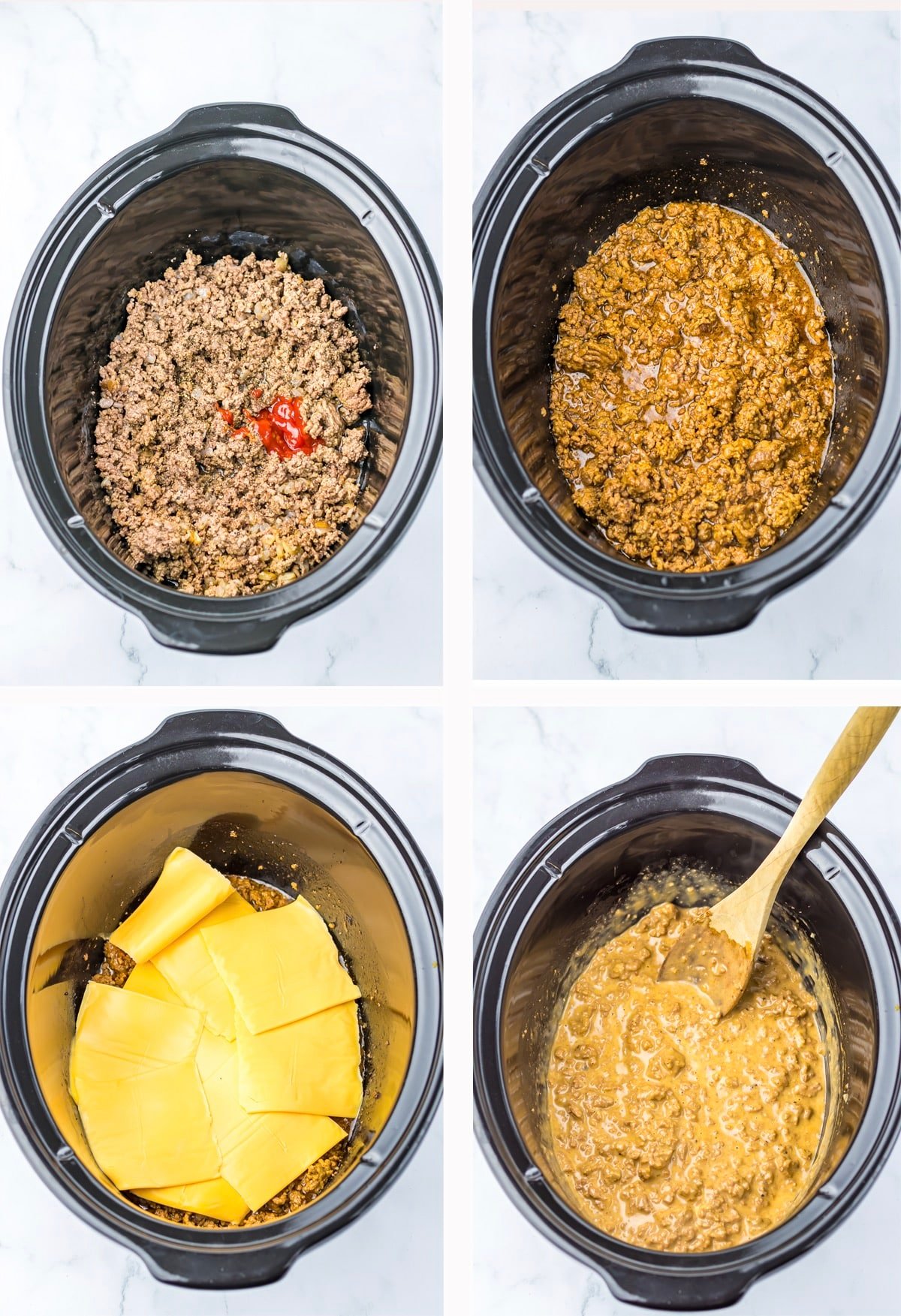 collage of images showing how to make slow cooker chopped cheese
