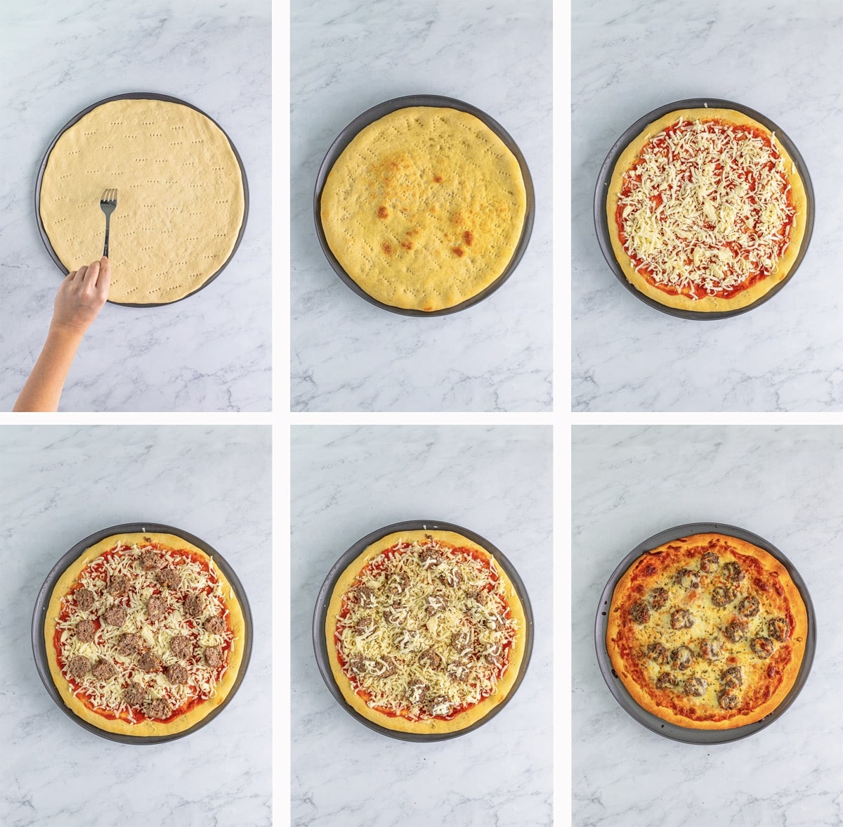 collage of images showing how to assemble meatball pizza