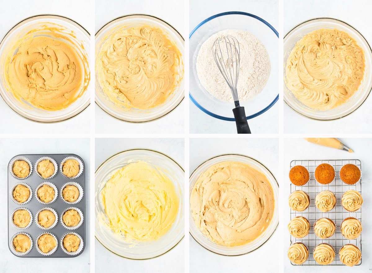 collage of images showing how to make biscoff cupcakes