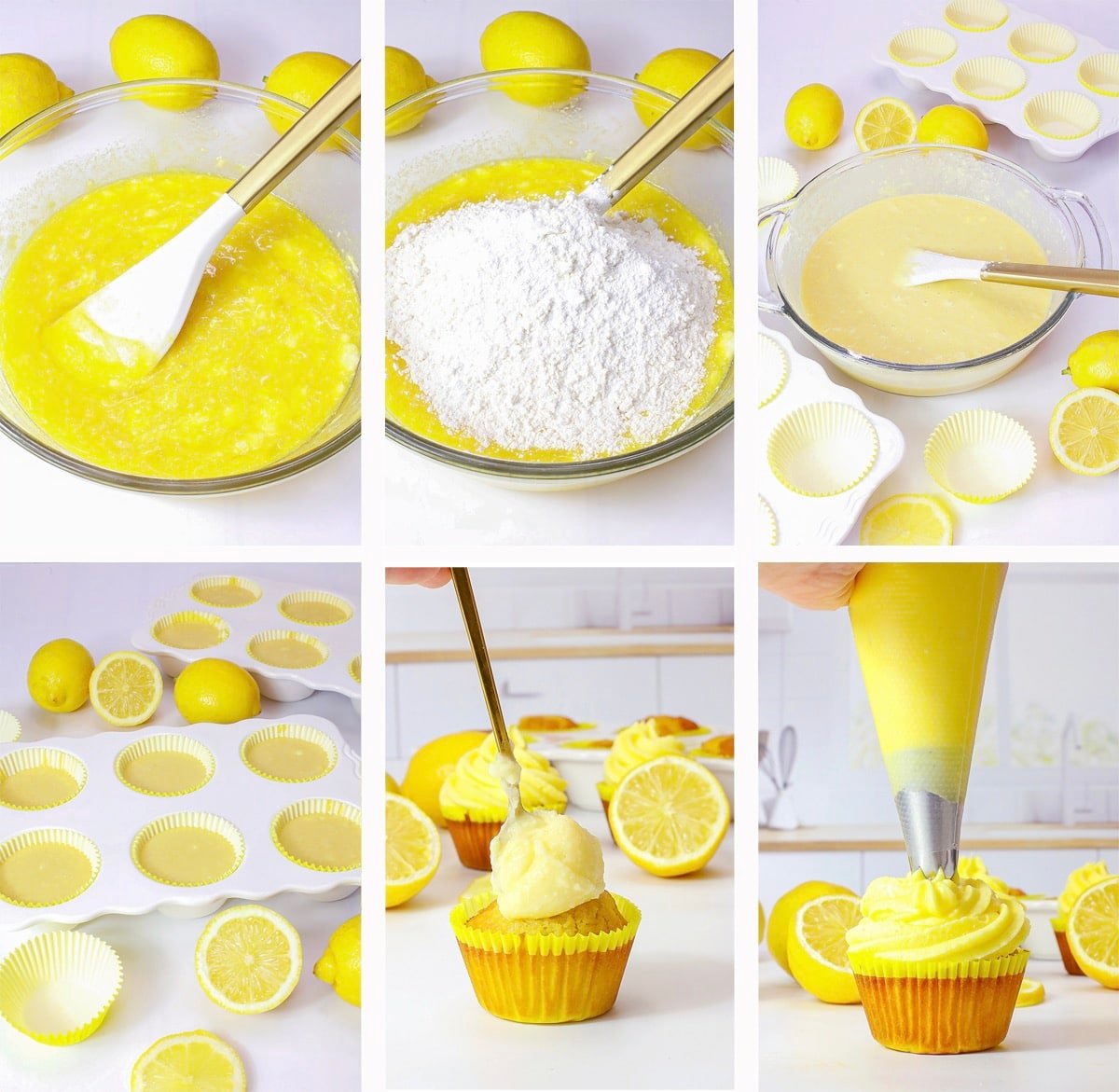 collage of images showing how to make lemon cupcakes