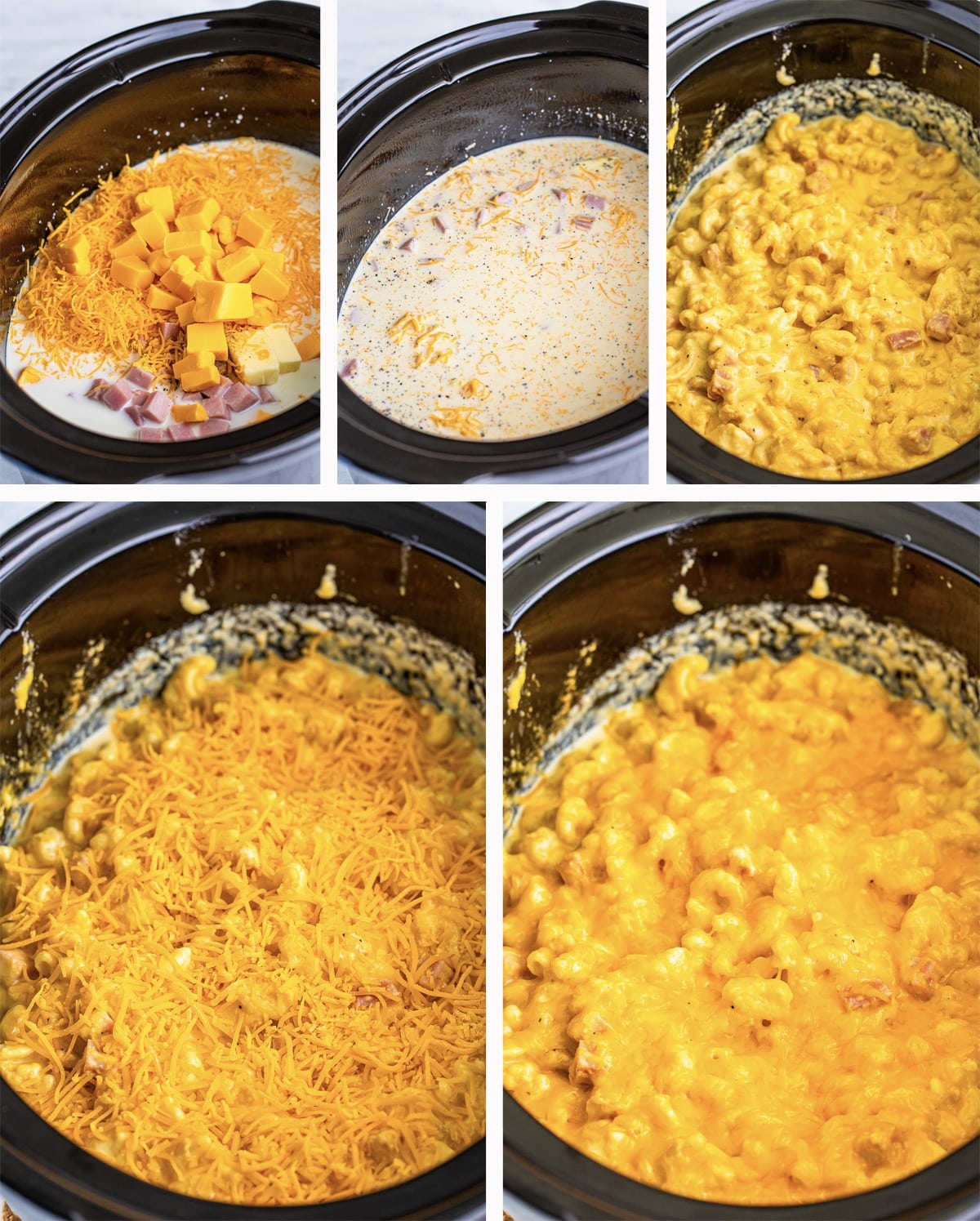 collage of images showing how to make mac and cheese with ham