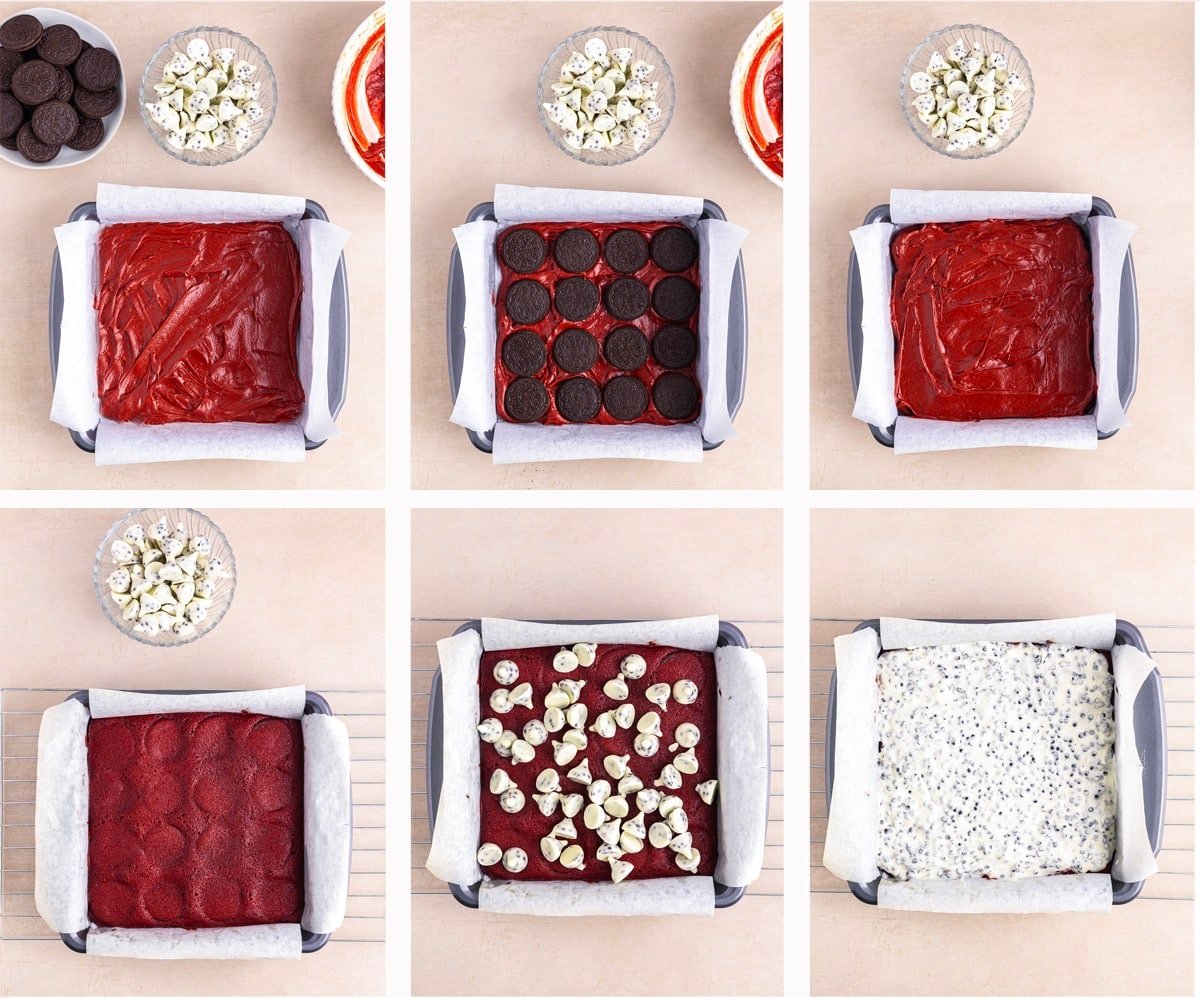 collage of images showing how to assemble and bake cookies and cream brownies