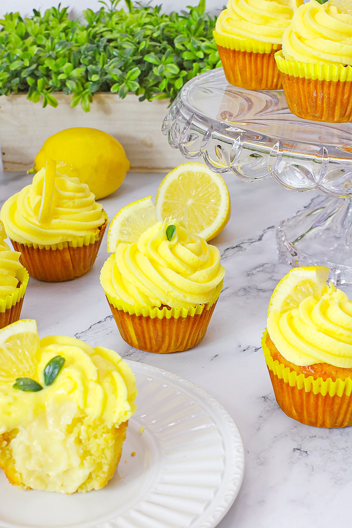 lemon cupcakes on marble tabletop