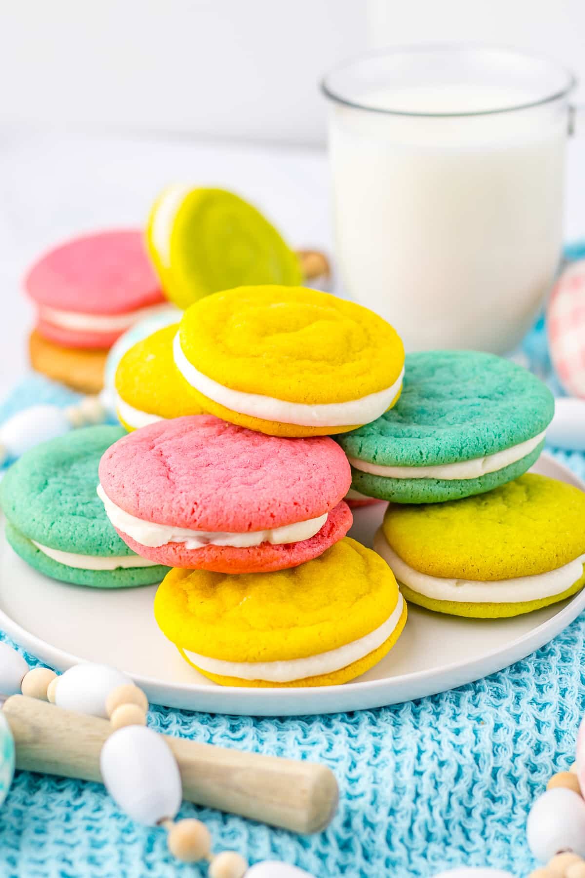 stacked easter sugar cookies on serving plate