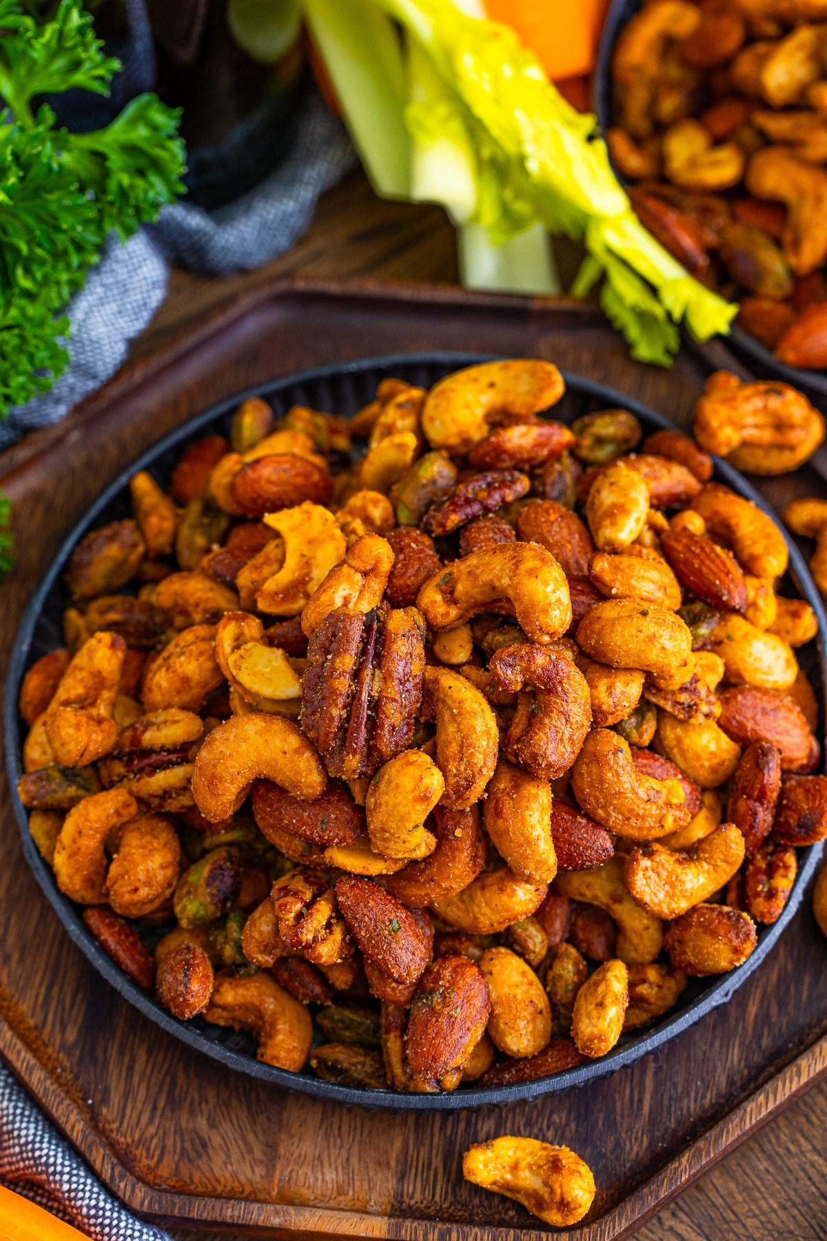 overhead image roasted nuts recipe on a serving plate