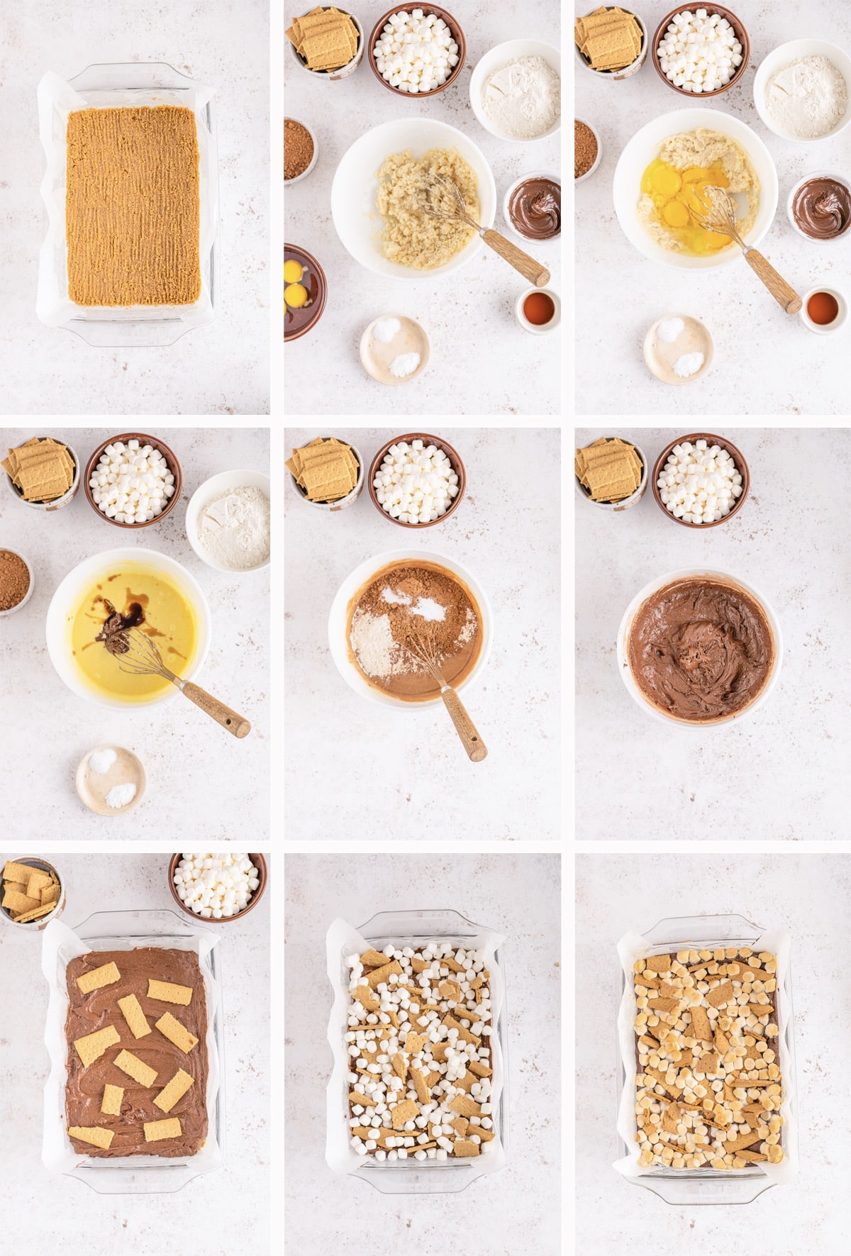 collage of images showing how to make smores brownies