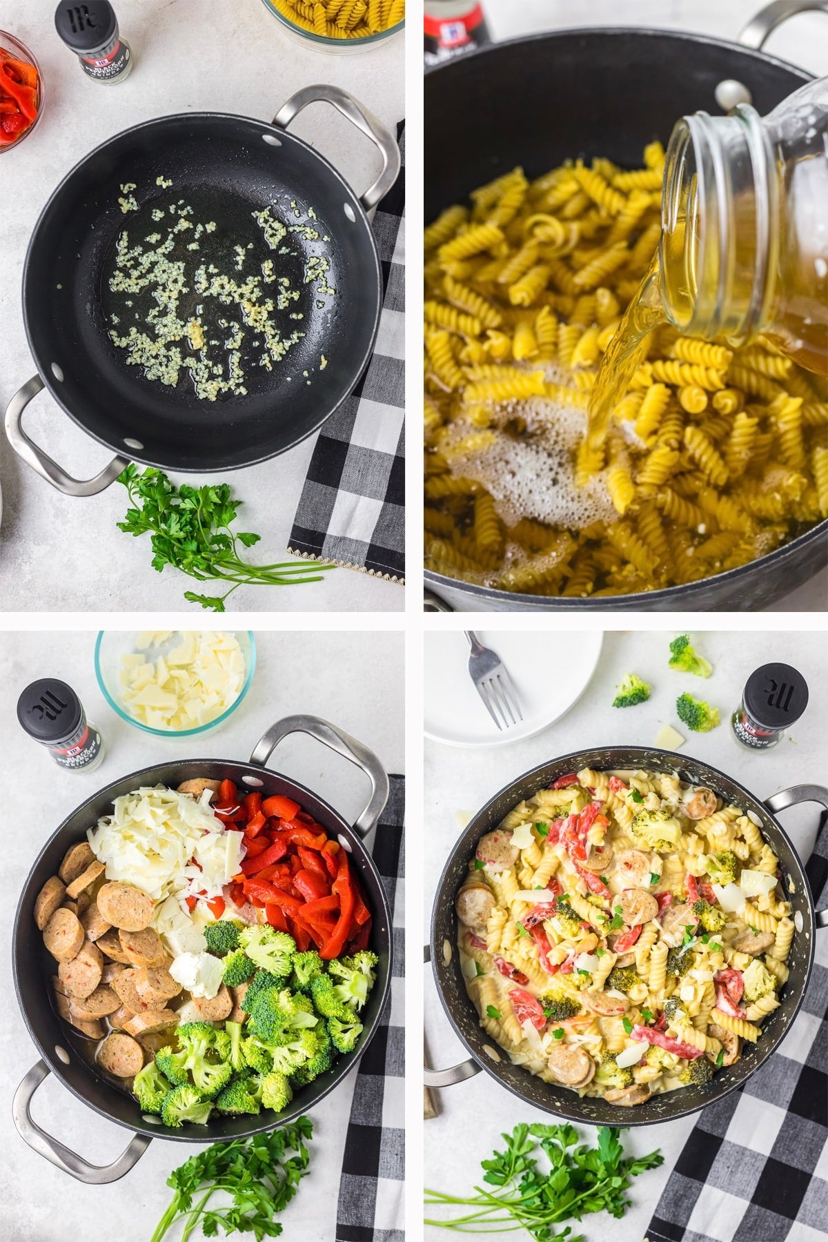 collage of images showing how to make chicken sausage pasta dish
