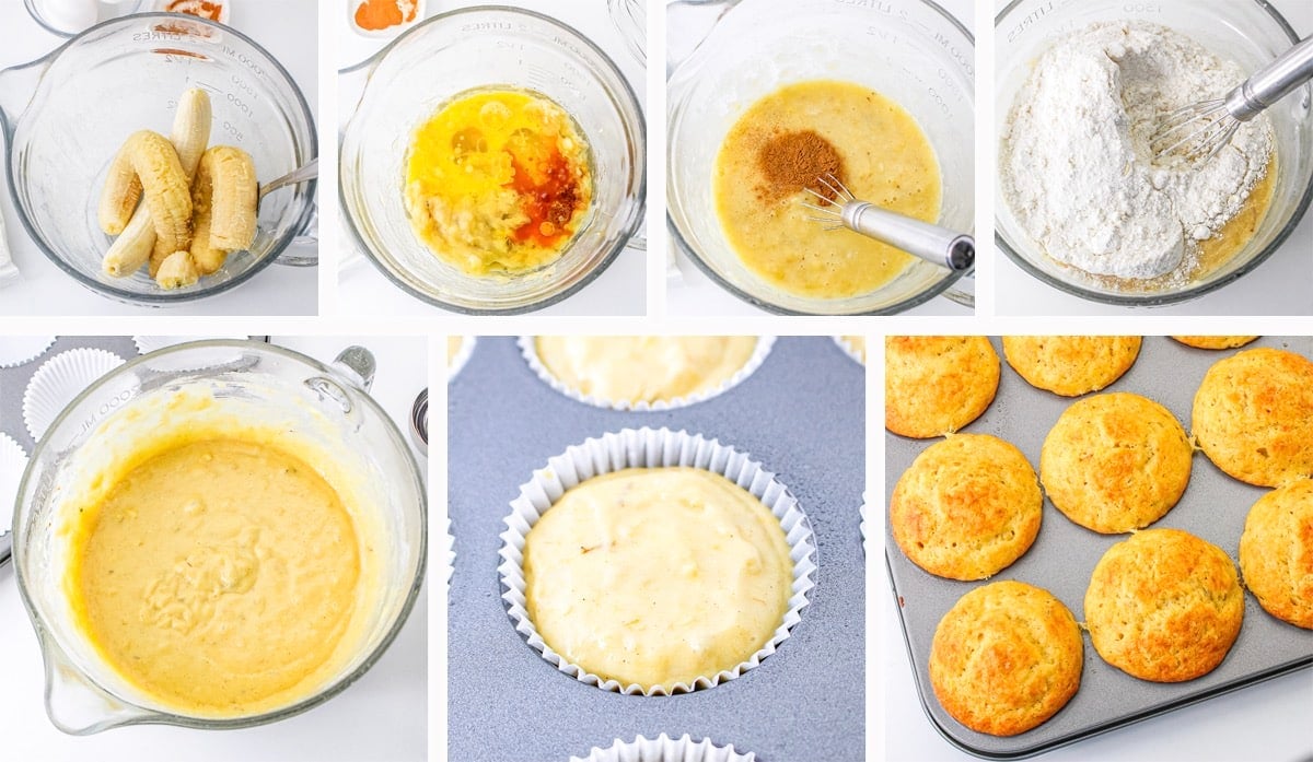 collage of images showing how to make Cake Mix Muffins