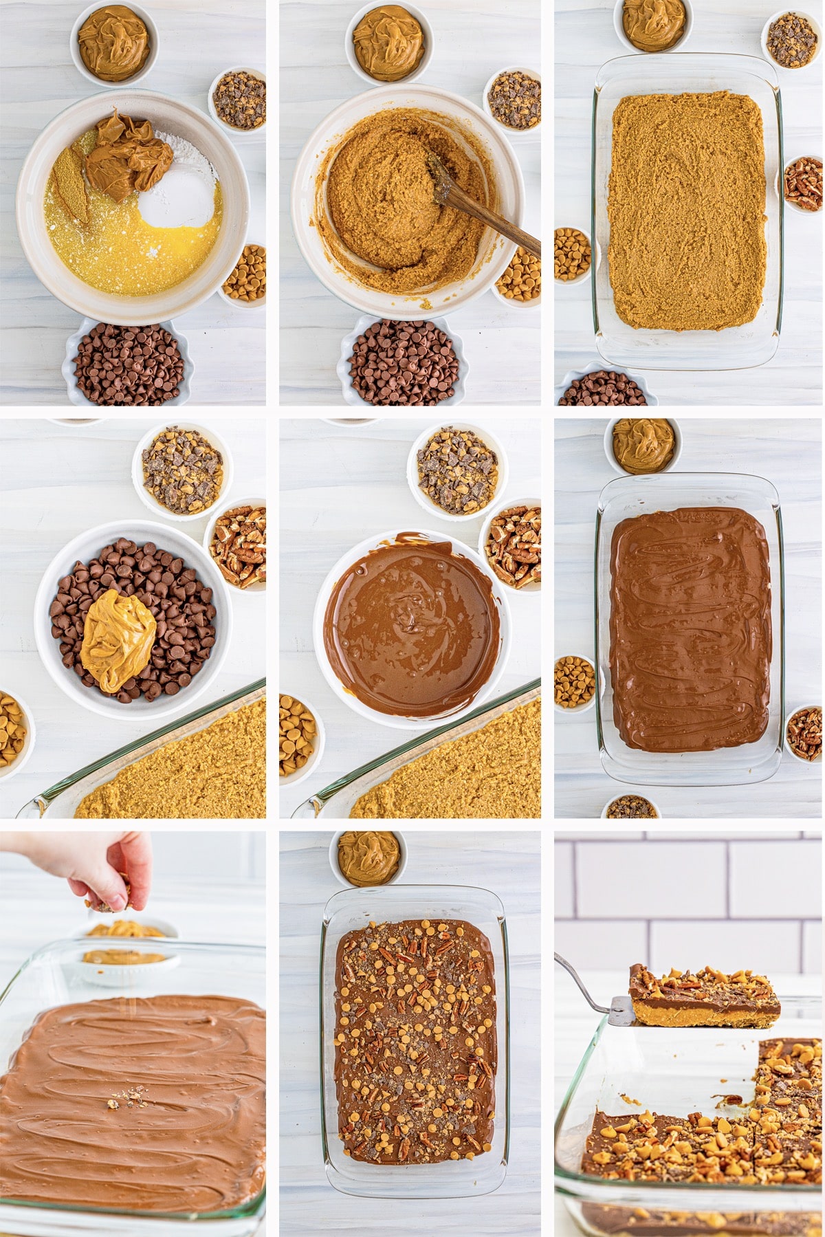 collage of images showing how to make No-Bake Peanut Butter Bars