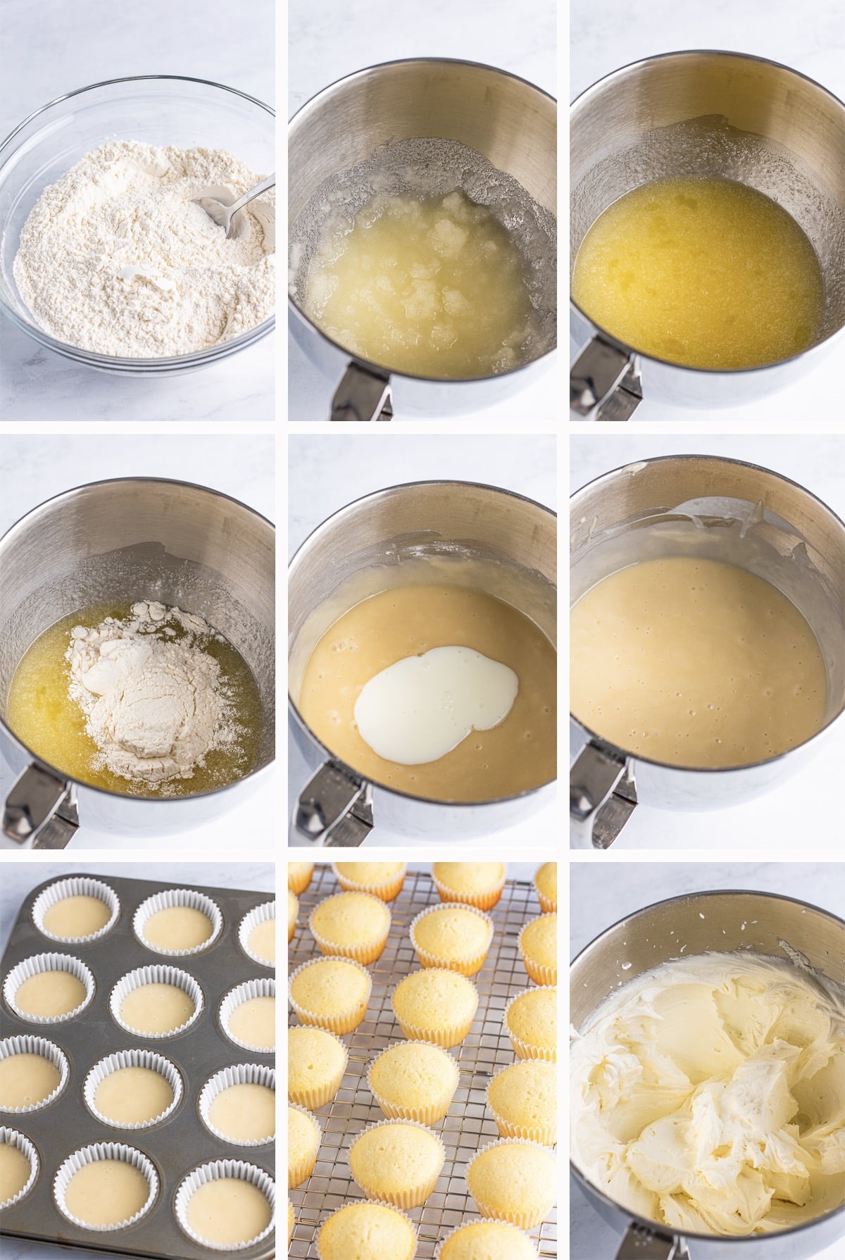 step by step images showing how to make  Wedding Cake Cupcakes