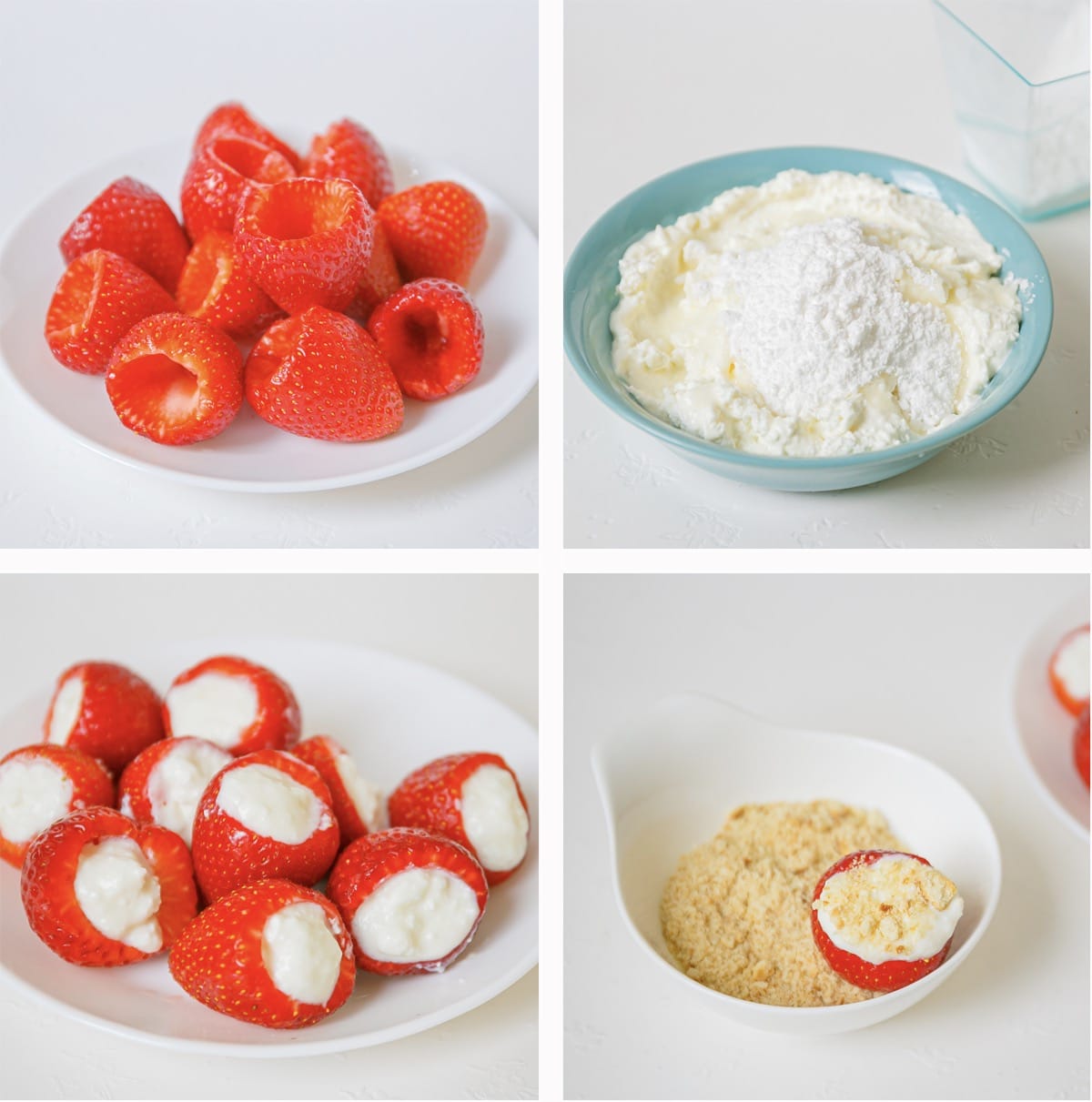 step by step images showing how to make Cheesecake Stuffed Strawberries