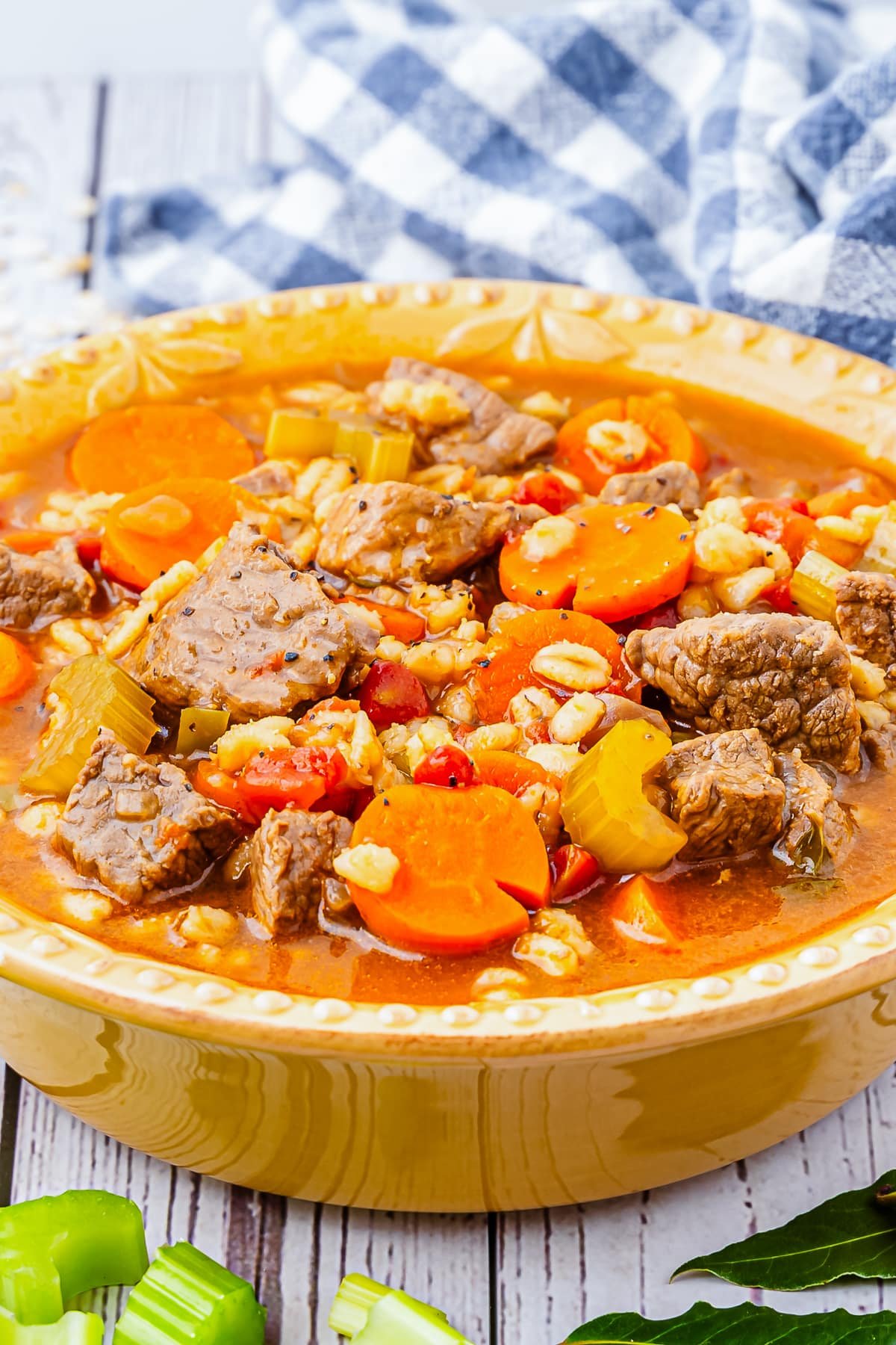 Beef and Barley Soup Recipe in a large serving bowl