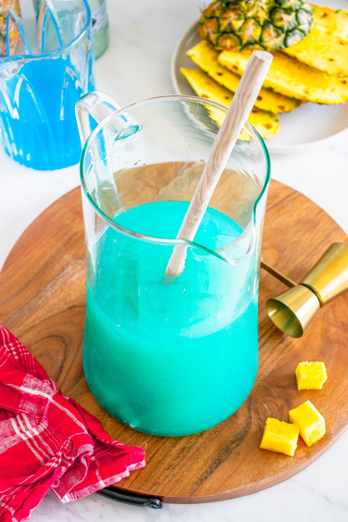 Blue Hawaiian Cocktail mixed in a large pitcher