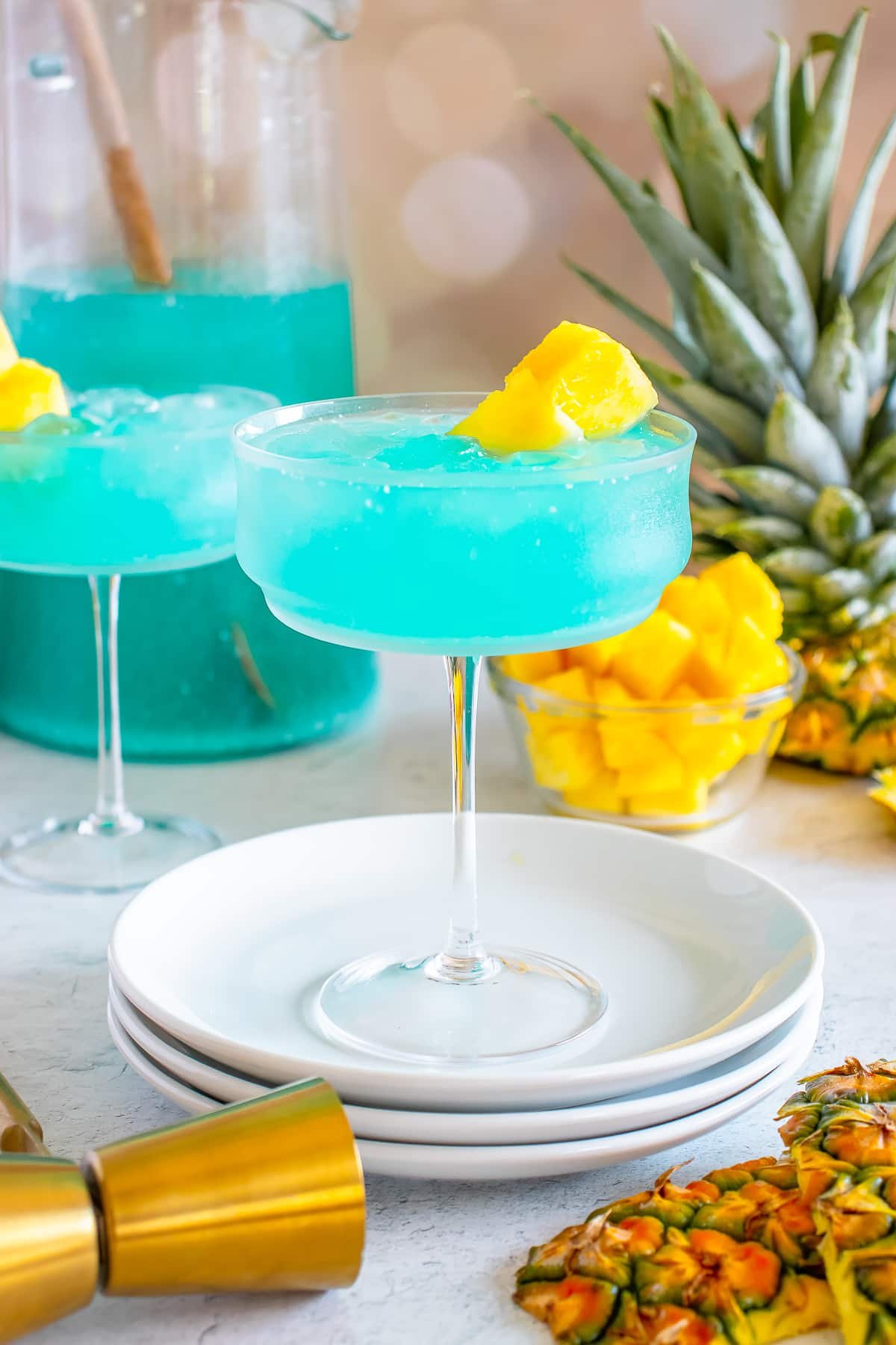 straight on image of a finished Blue Hawaiian Cocktail