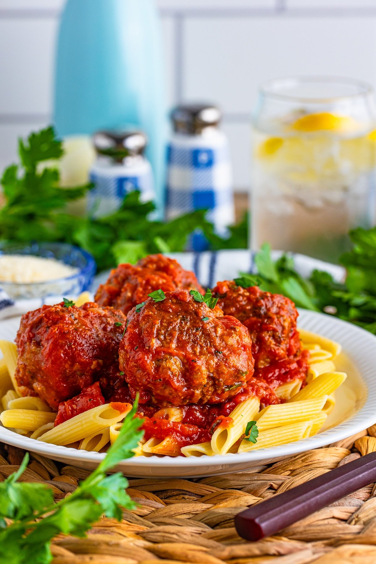 Italian Meatball Recipe on serving platter in sauce