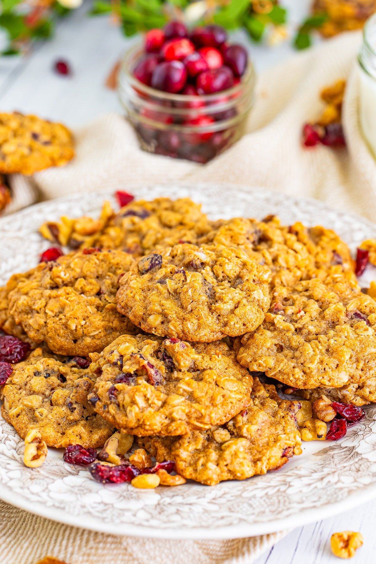 Cranberry Oatmeal Cookies on a tan serving plate