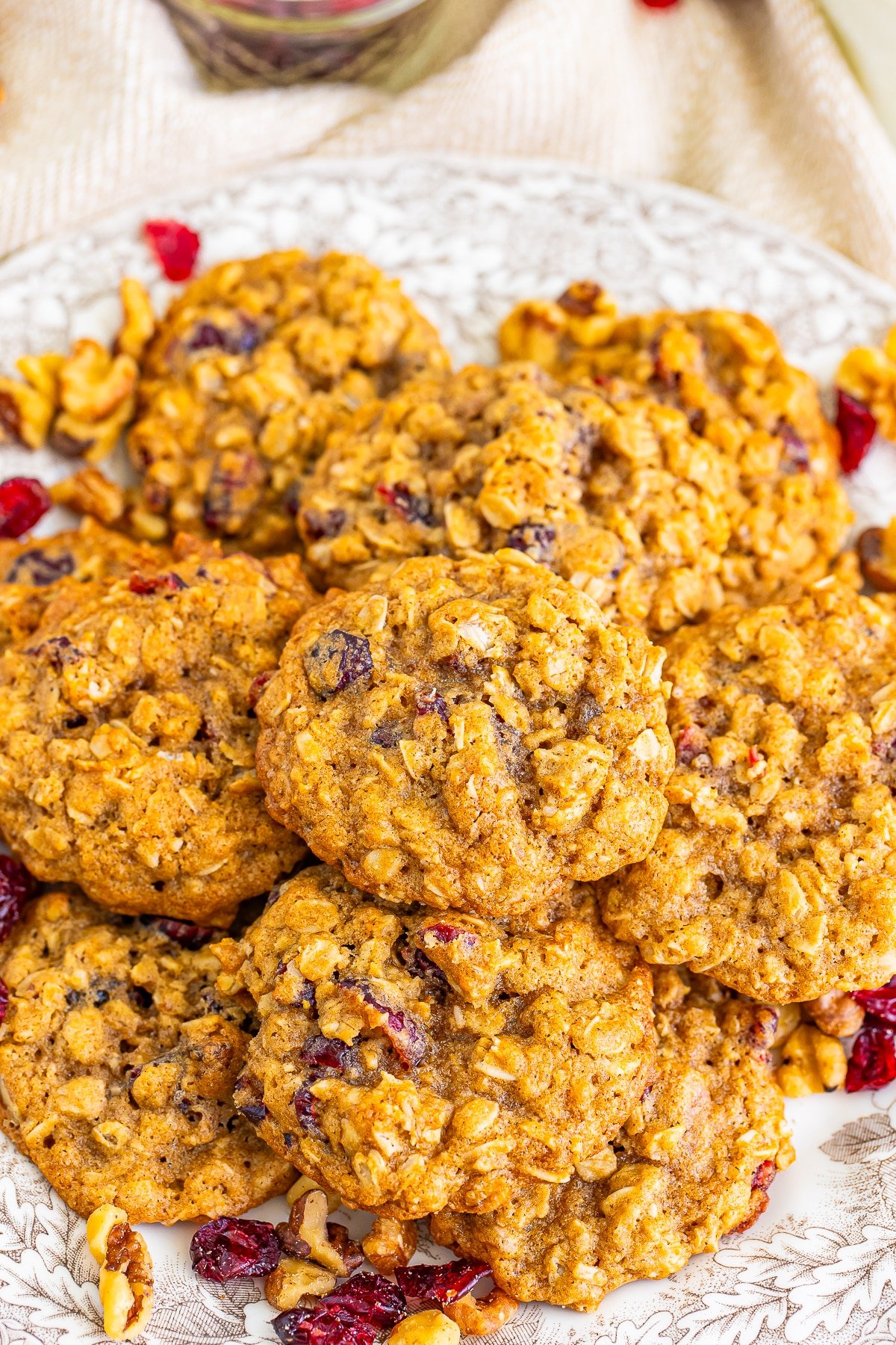 overhead image of Cranberry Oatmeal Cookies on a serving platter