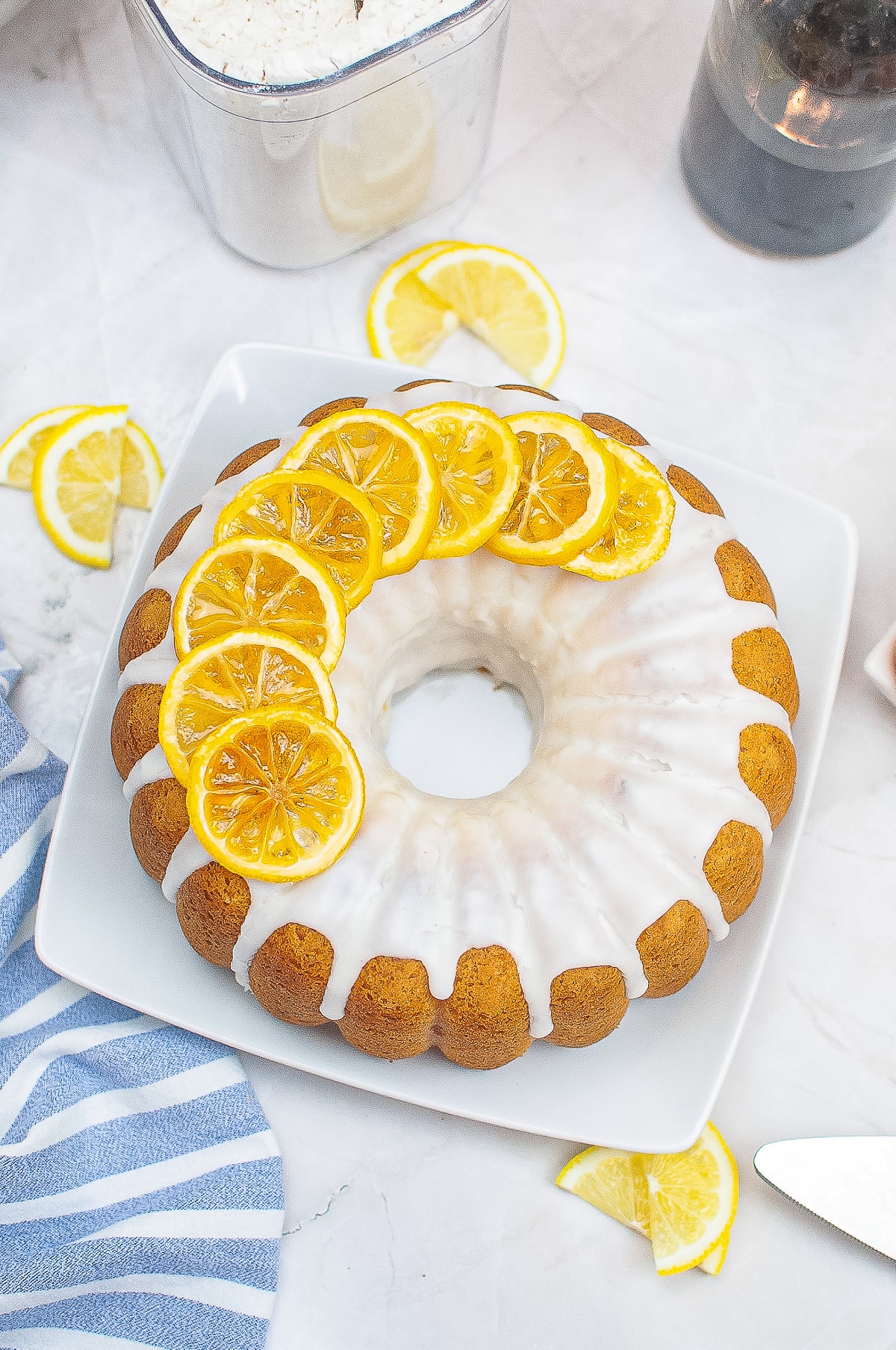 overhead image Lemon Bundt Cake on serving plate