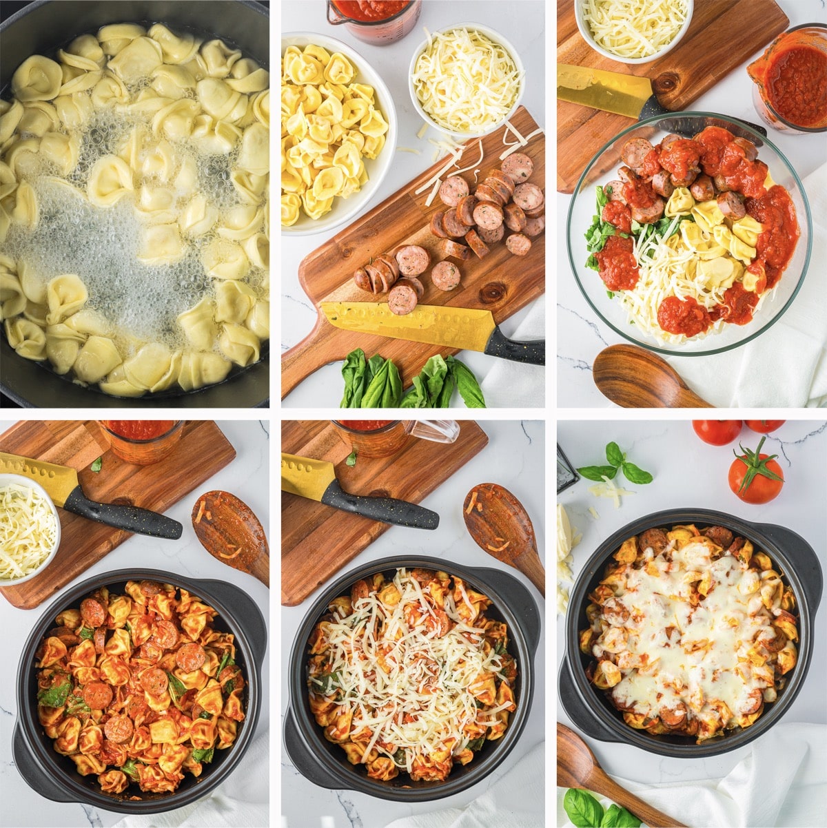 collage of images showing how to make Baked Tortellini