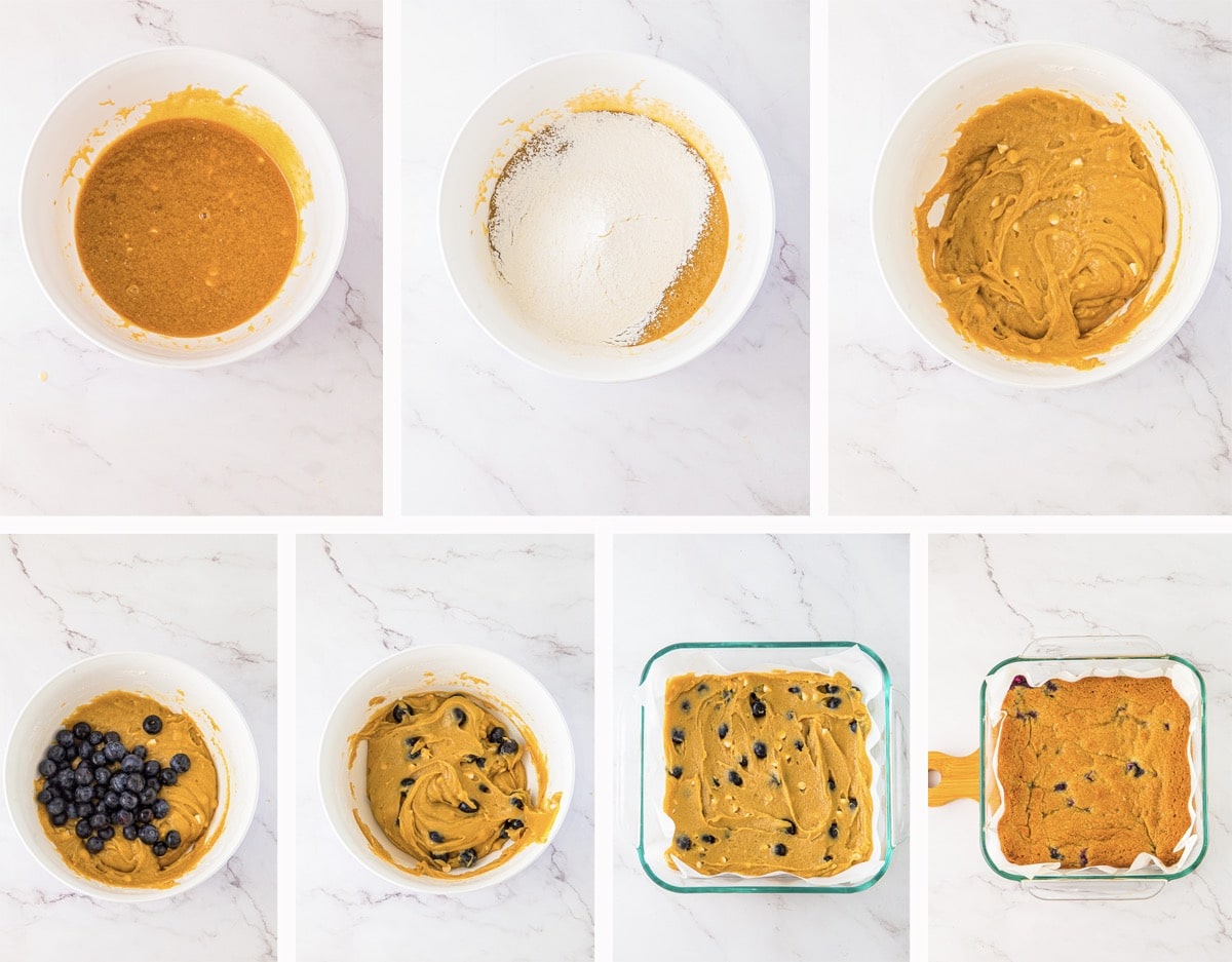 collage of images showing how to make White Chocolate Blondies