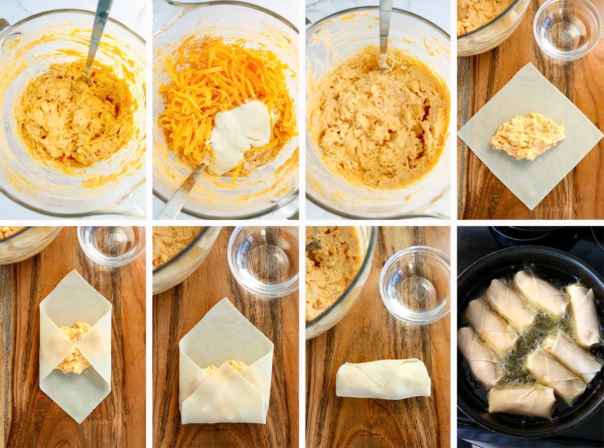 collage of images showing how to make Buffalo Chicken Egg Rolls
