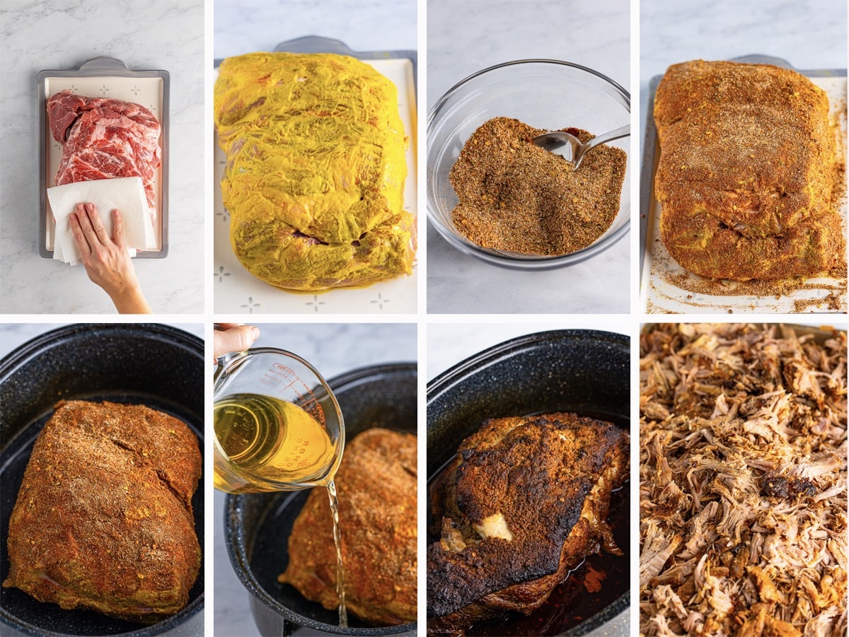 collage of images showing how to make Oven Baked Pulled Pork