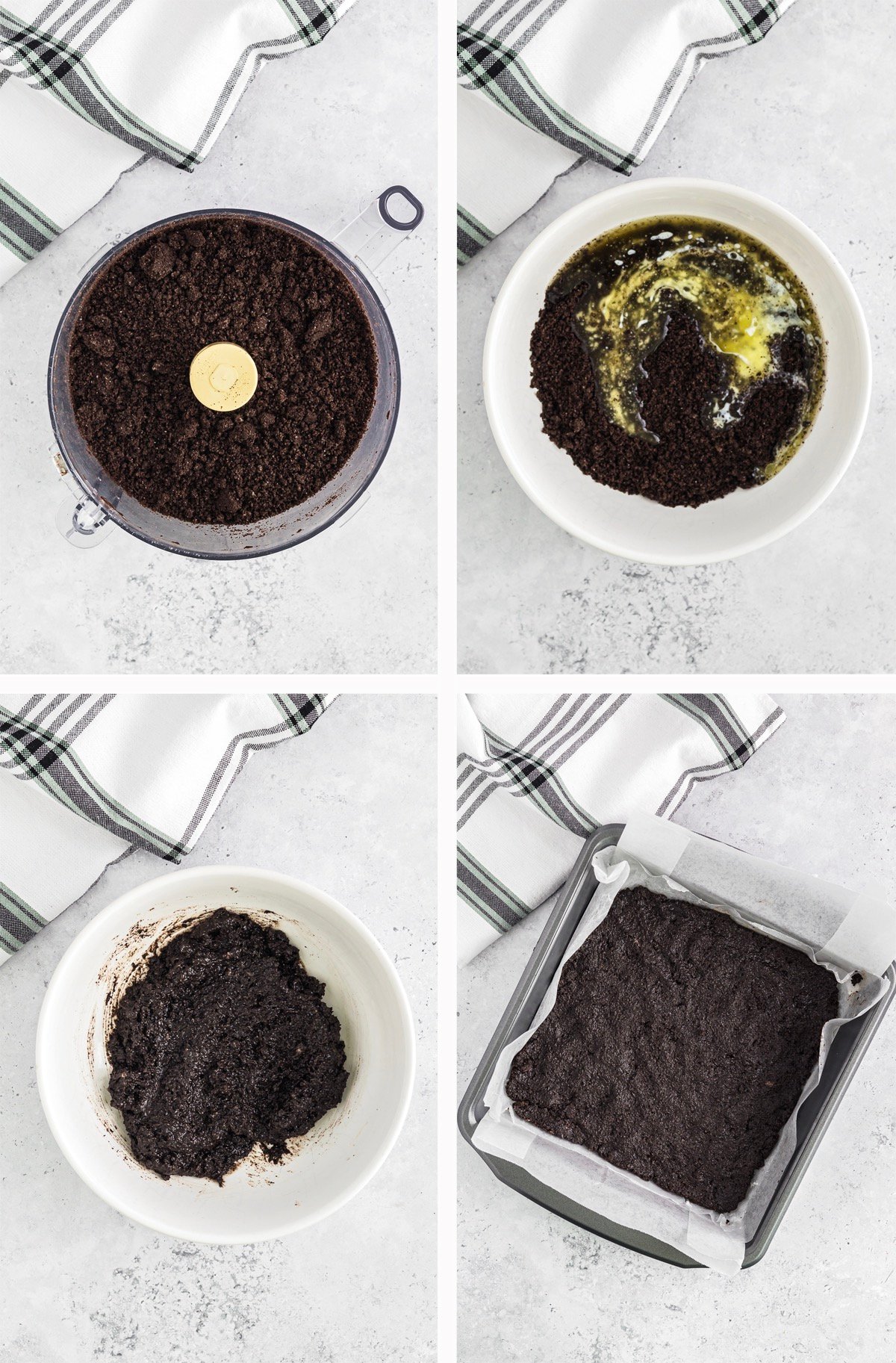 collage of images showing how to make the crust for Dirt Cake Recipe