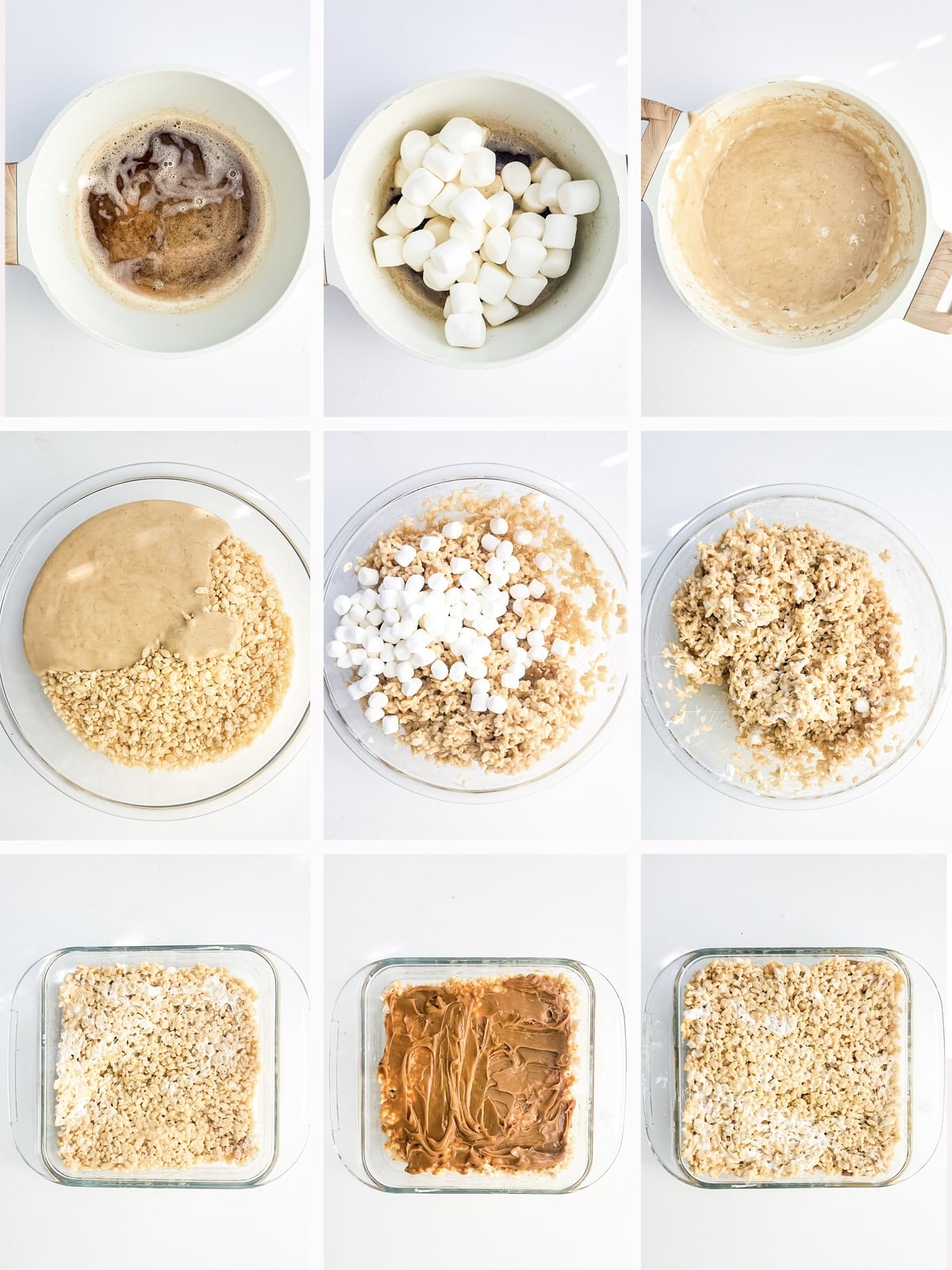 collage of images showing how to make Brown Butter Rice Crispy Treats