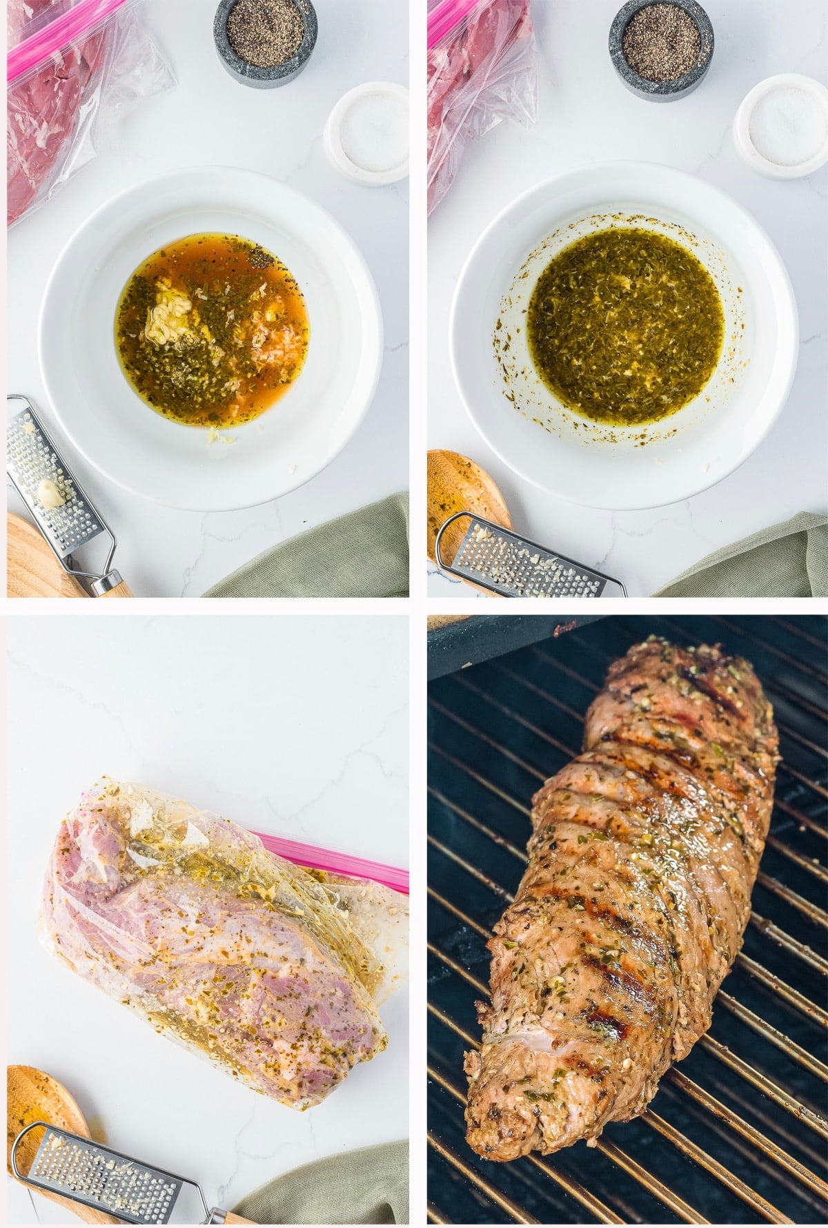 Pesto Marinated Grilled Pork Tenderloin, tender pork tenderloin, marinated in a flavorful pesto sauce and grilled. Ready in about 30 minutes! Recipe from ThisSillyGirlsKitchen.com collage of images showing how to make Marinated Pork Tenderloin