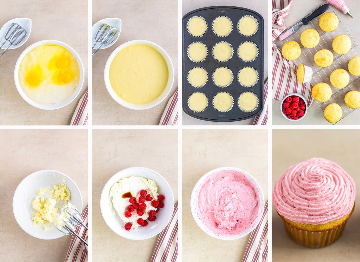 collage of images showing how to make Raspberry Cupcakes