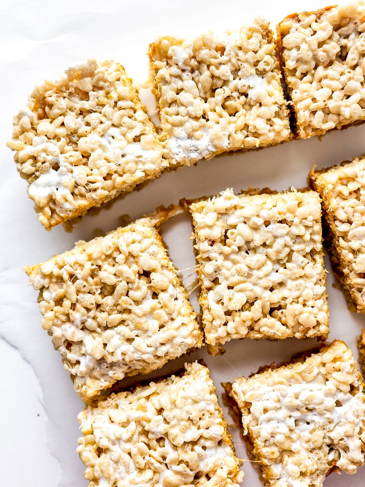 overhead image gooey Brown Butter Rice Crispy Treats